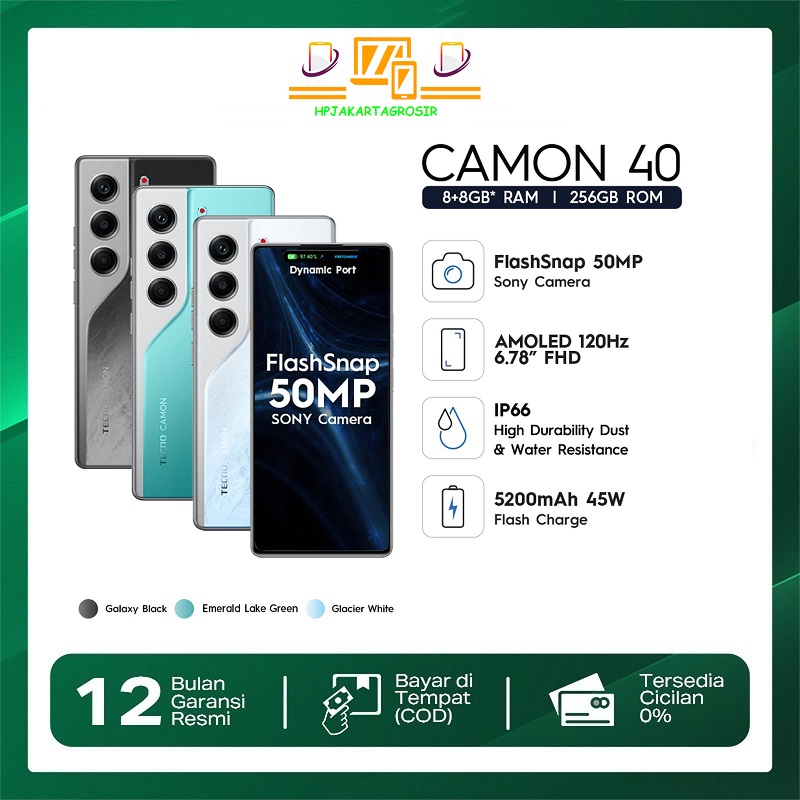 Tecno Camon 40 Mobile Phone - 8+8Gb*/256Gb, 50Mp Sony + 8Mp Ultra Wide Camera, 32Mp Front Camera, 120Hz Amoled, Ip66, 5200Mah+45W - Merek TECNO Mobile Harga 2,153,800 rupiah*Gratis Ongkir