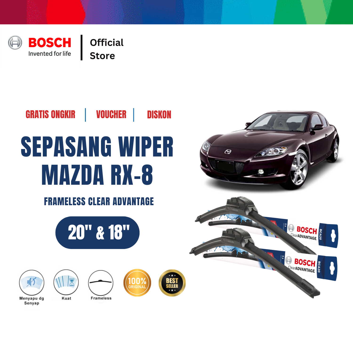Wiper Frameless Bosch Terbaik untuk Mobil Mazda RX8 New Clear Advantage 20 dan 18 inchi Giá 202,470 Đồng*Miễn phí vận chuyển