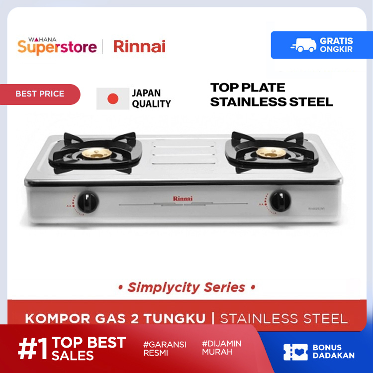 Rinnai Kompor Gas 2 Tungku Stainless Steel - RI-602EW | RI602EW Harga  455,000 rupiah*Gratis Ongkir