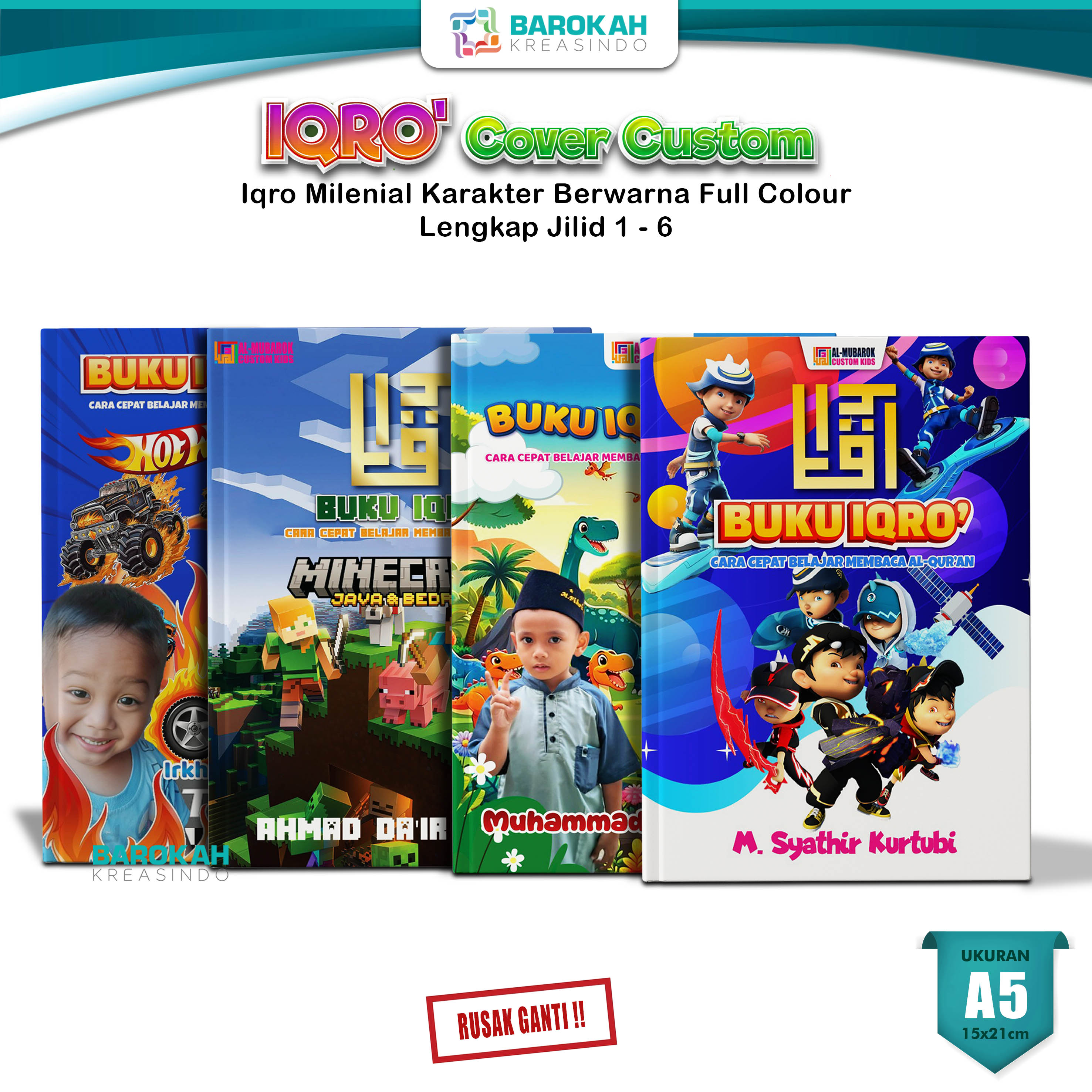 Iqro Milenial A5 Full Warna Anak Custom Nama dan Foto Jilid 1 Sampai 6 Ukuran Besar