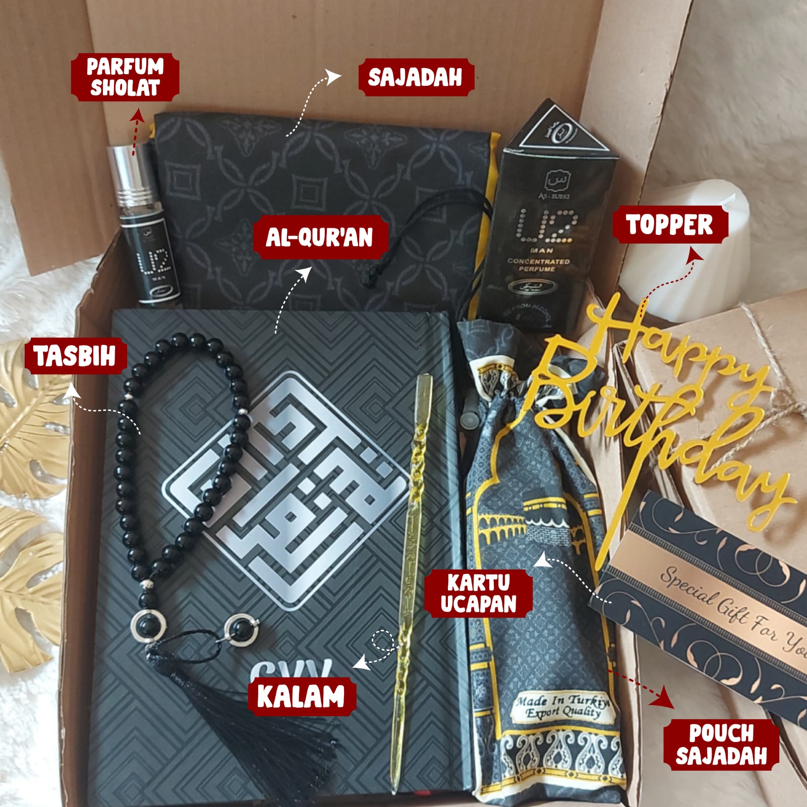 Al-Quran A5 Hampers 7in1 Akhwan Set Quran Custom Sajadah Sarung Peci Tasbih Cowok Souvenir Haji