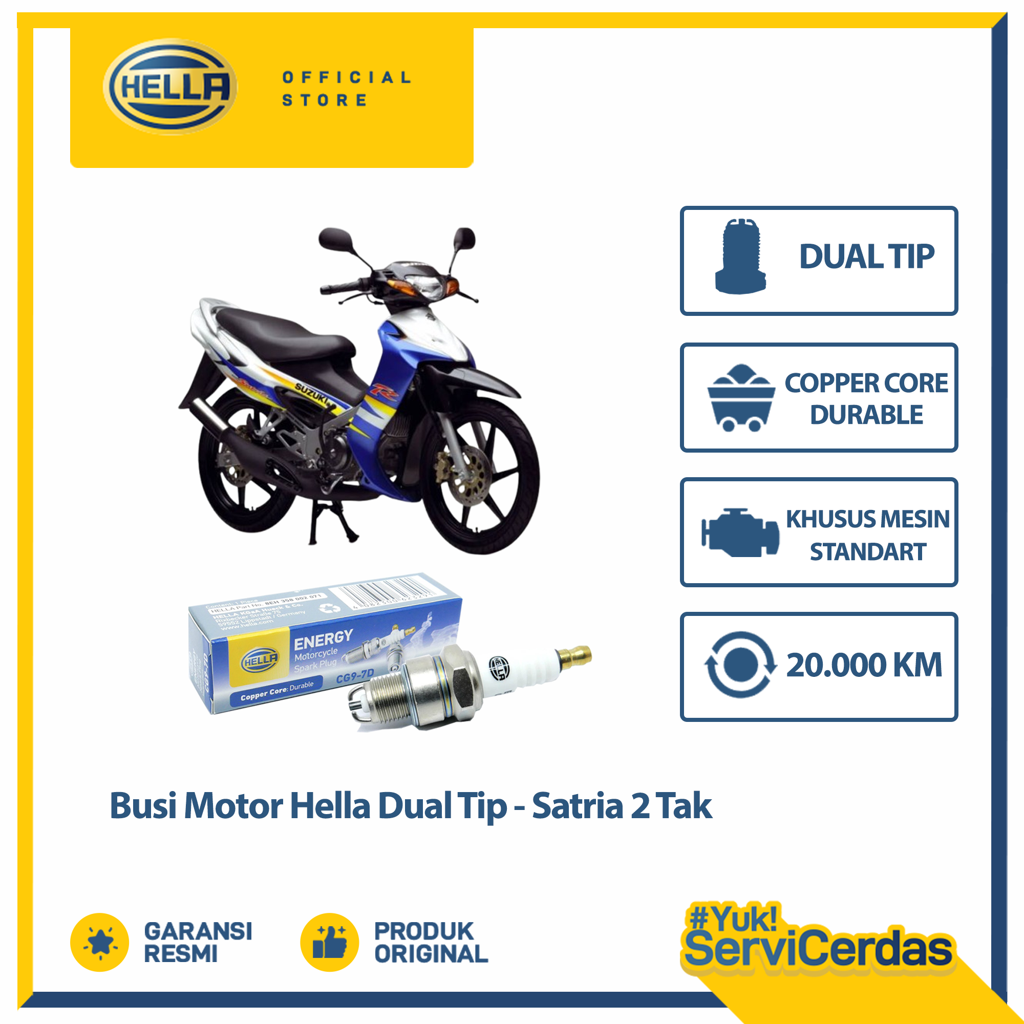 Busi Motor Suzuki Satria 2 tak Hella Dual Tip CG9-7D - Busi Satria 2 tak Harga 25,000 rupiah*Gratis Ongkir
