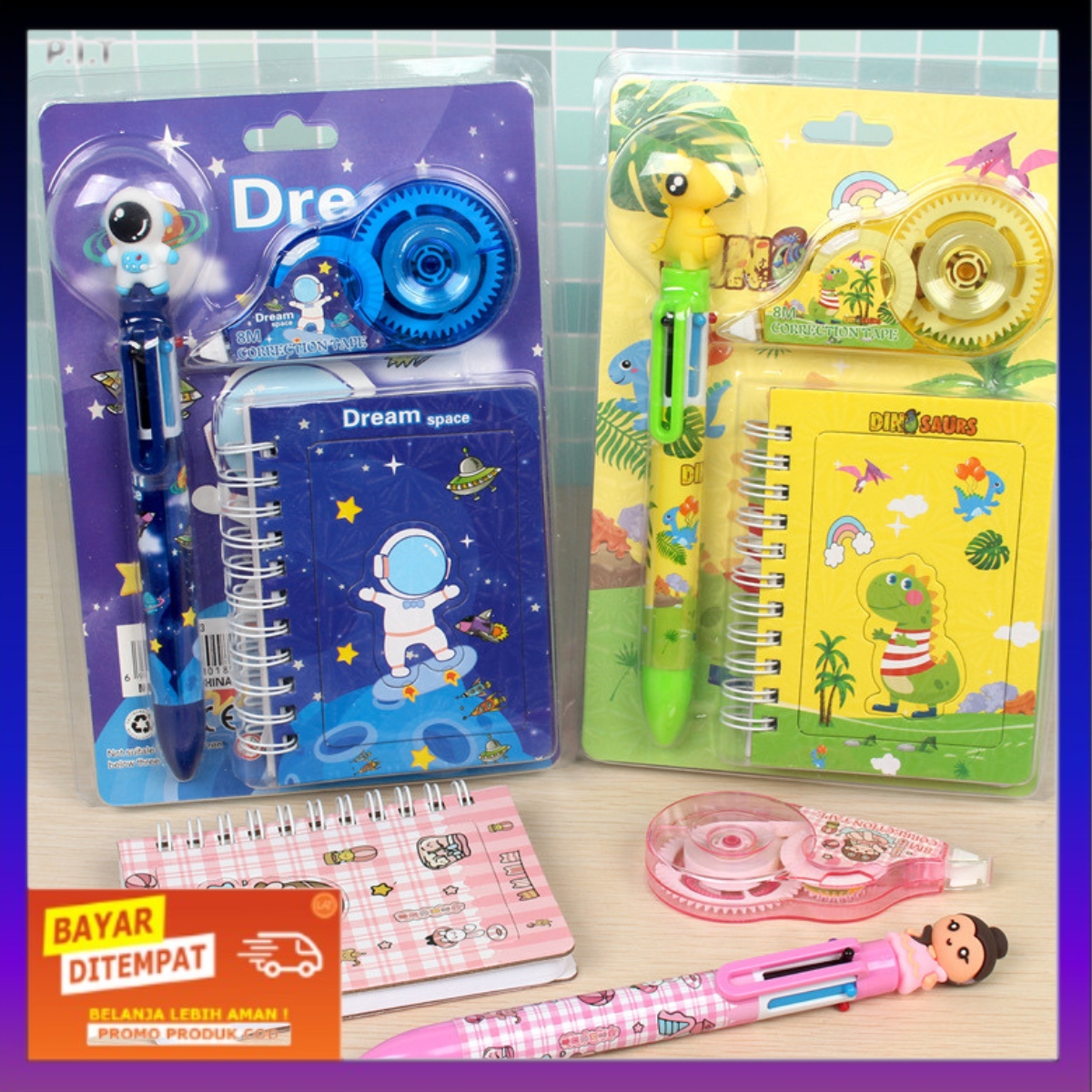 Alat Tulis Set 3IN1 Stationery Set Lucu Karakter Kartun + Correction Tape Perlengkapan Sekolah Anak-Anak TK Souvenir Tulis 3 IN 1 Stationery Gift Set Children PIT