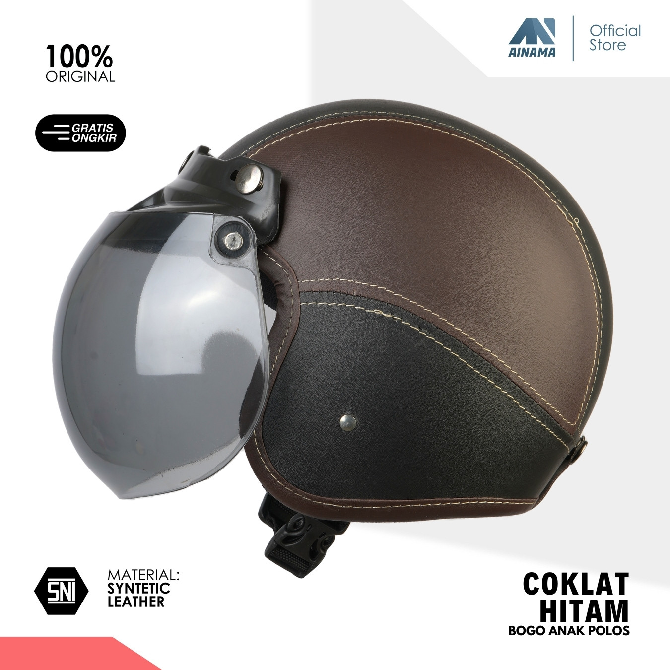 Helm Bogo Anak Ainama Retro Kids Klasik helem Standar Polos COKLAT HITAM Harga 64,999 rupiah*Gratis Ongkir