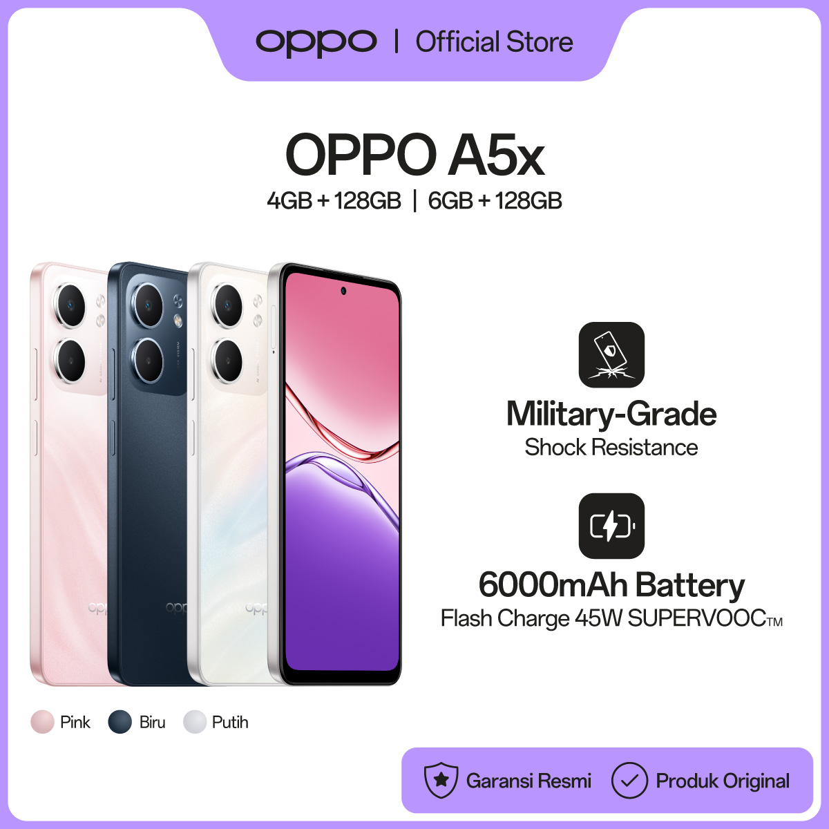 OPPO A5x 4/128GB | 6/128GB [6000 mAh Battery, Flash Charge 45W SUPERVOOC, Military Grade Shock Resistance] Harga  1,899,000 Ringgit*Penghantaran Percuma