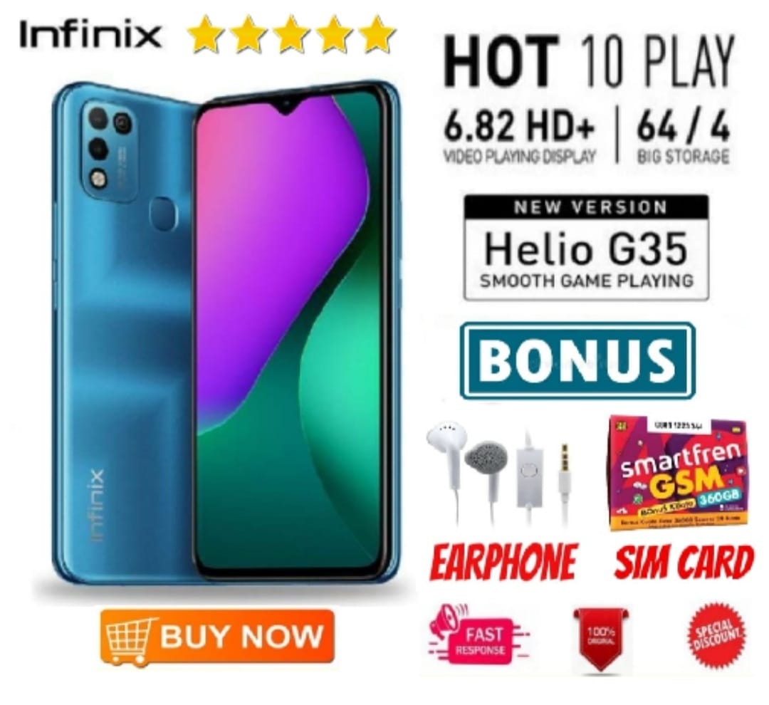 Hp Infinix HOT 10 Play 4GB/64GB MediaTek Helio G25 Bergaransi | infinix Hot 10 Pay 4/64GB Li-Po 6000 mAh Harga  850,000 Ringgit*Penghantaran Percuma