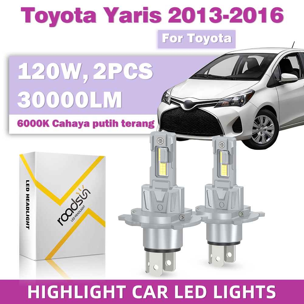 Roadsun's 2-Piece H4 Led Headlight Kit Fits 2013-2016 Toyota Yaris Models and Includes High Beam and Low Beam; Replaceable Halogen Bulbs; Ultra High Brightness, 6000K Color Temperature. Harga 197,400 rupiah*Gratis Ongkir