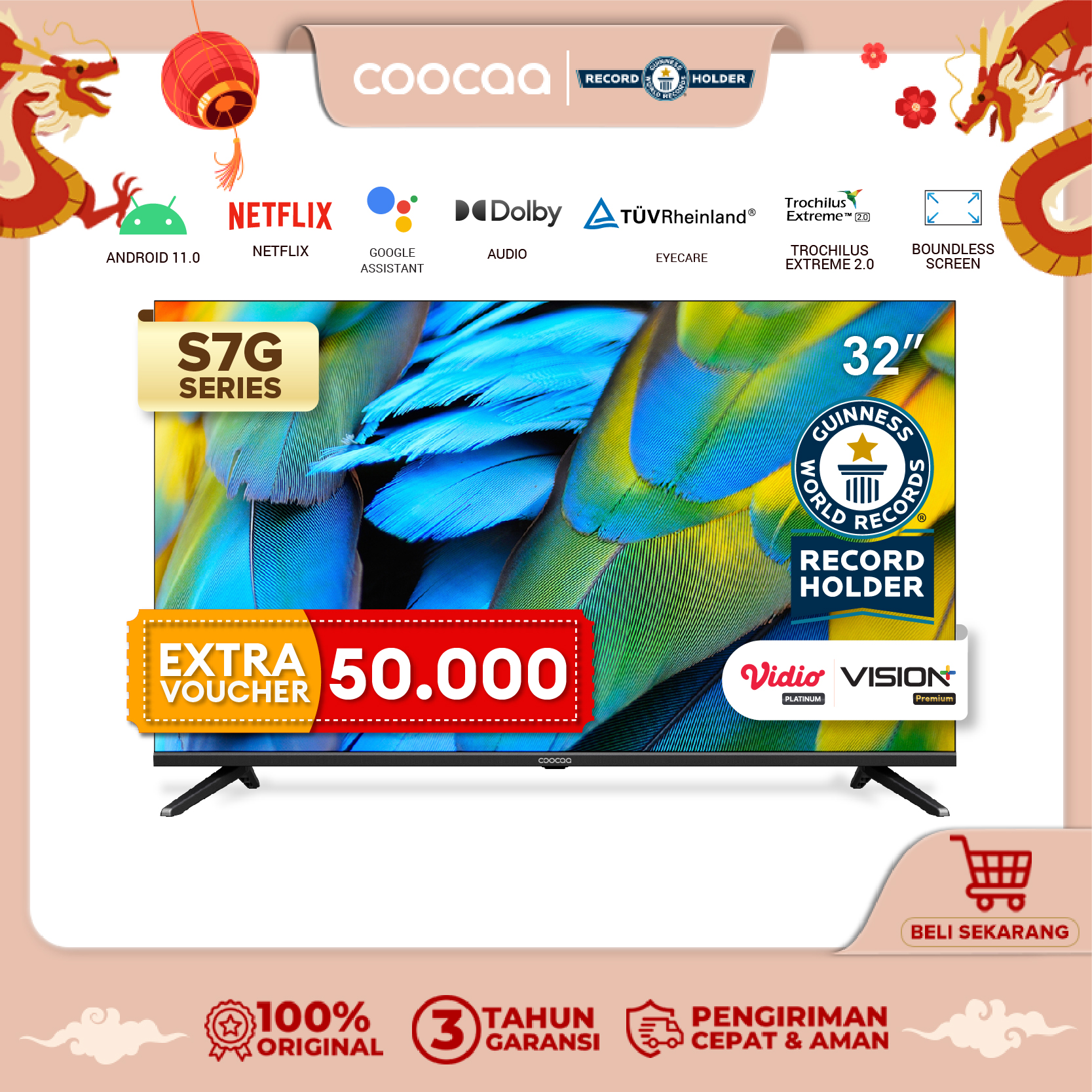 	 COOCAA 32 inch Smart TV - Android 11 - Netflix/Youtube - Google Assistant - Dolby Audio - Mirroring - Flicker Free - Boundless - HDR 10 - WIFI - HDMI/USB/LAN(COOCAA 32S7G)	