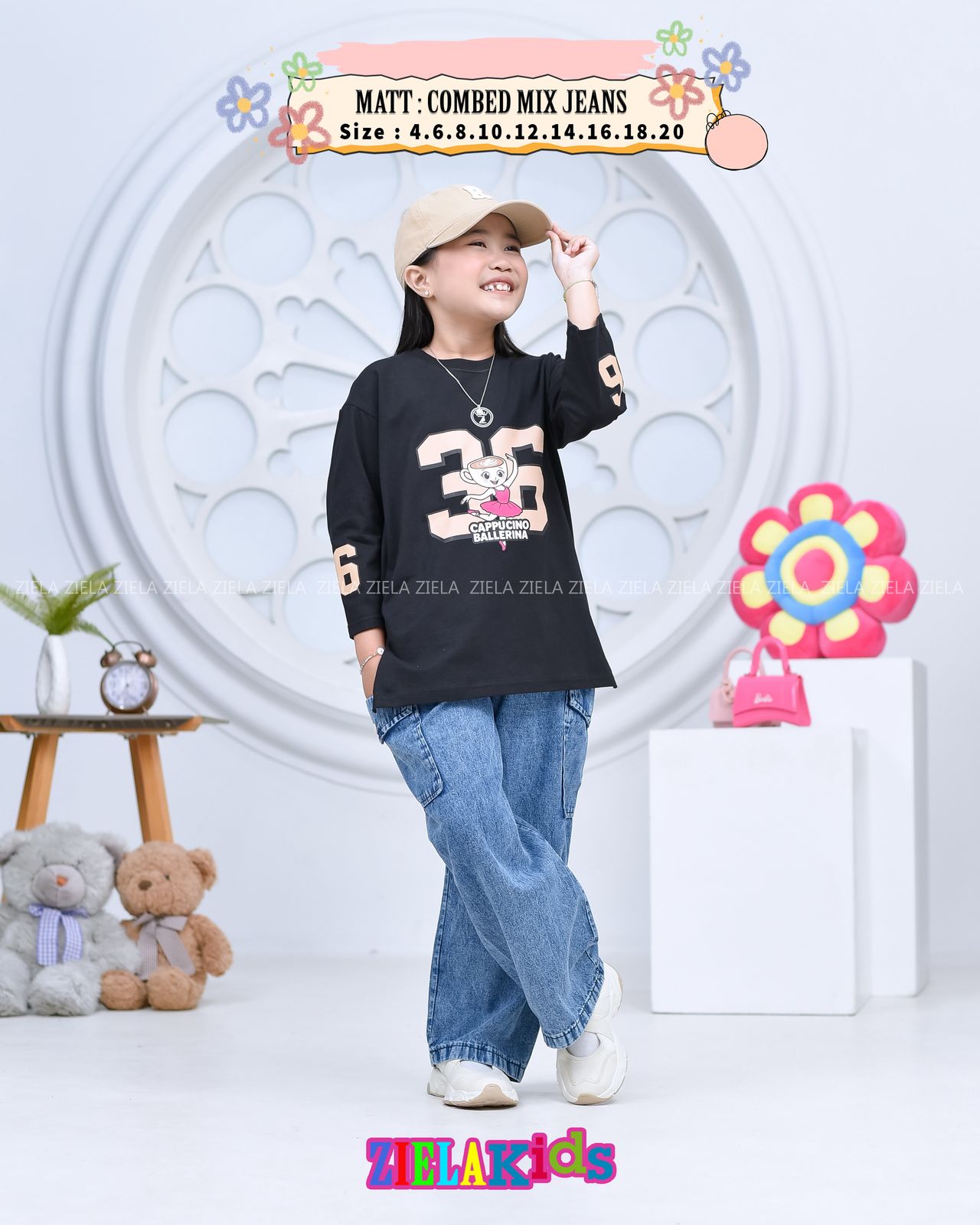 Ballerina36 new girls long sleeve cotton combad 20s mix cargo jeans/one set ziela kids newest/girls pants suit material combad mix jeans Harga  98,500 rupiah*Gratis Ongkir