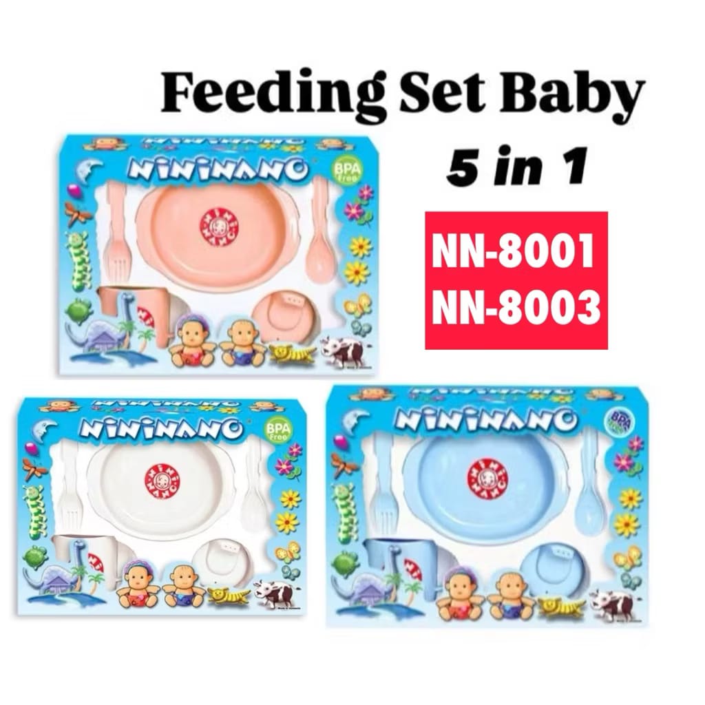 NININANO 5in1 Feeding Baby Gift Set NN-8001 NN-8003 | Nini Nano Paket Peralatan Makan Mpasi Bayi Tempat Makanan BPA Free | Peralatan Makan Bayi | Kado Bayi Kemasan Box