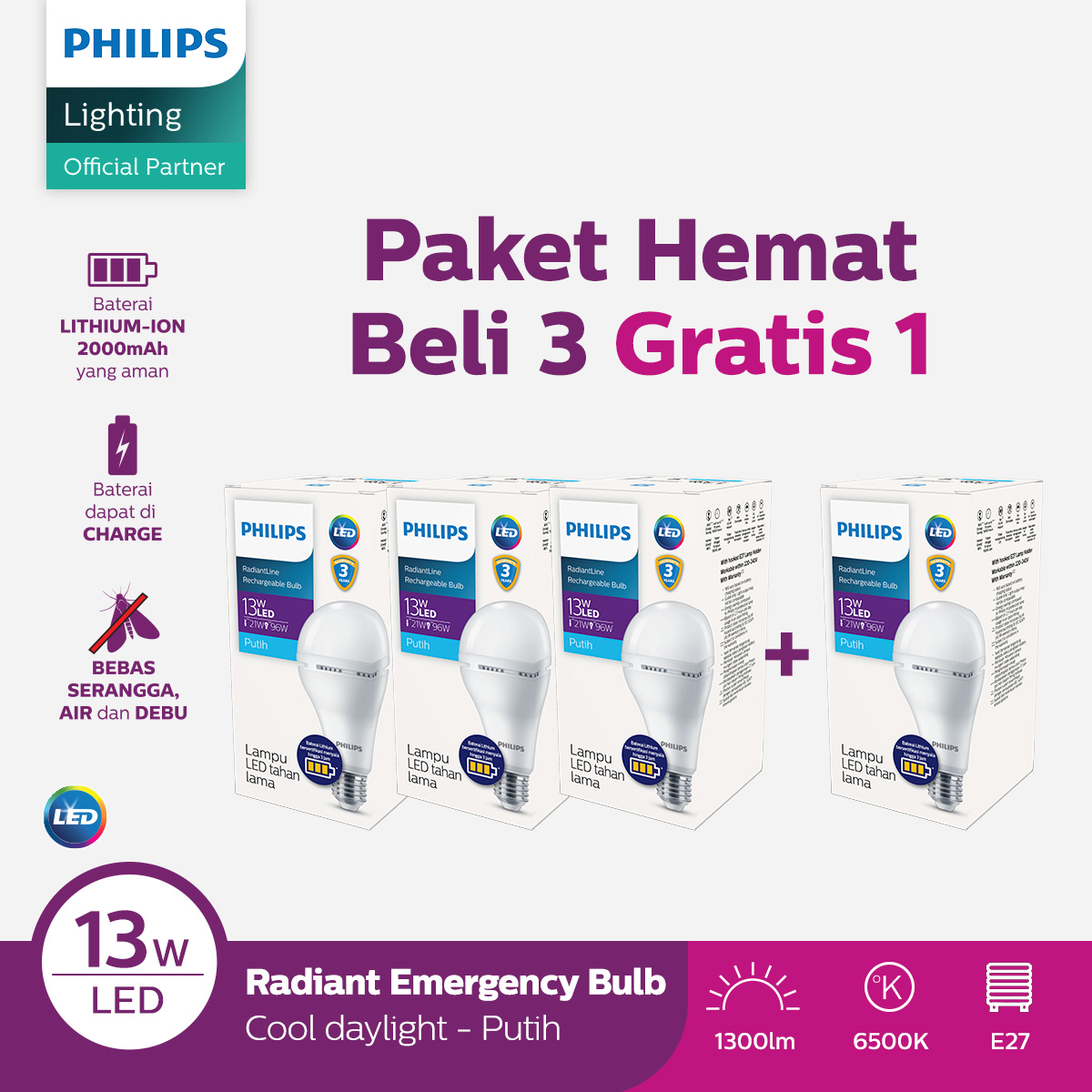 [Exclusive Lazada] Beli 3 Gratis 1 Philips Radiantline Emergency LEDBulb 13W 6500K Putih Harga 287,850 rupiah*Gratis Ongkir