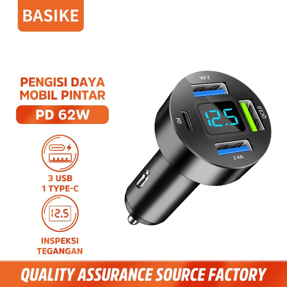 BASIKE 4 in 1 Car Charger Mobil Fast Charging 62W 1 Type C 3 USB LED Digital Screen Quick Speed Harga 49,000 rupiah*Gratis Ongkir