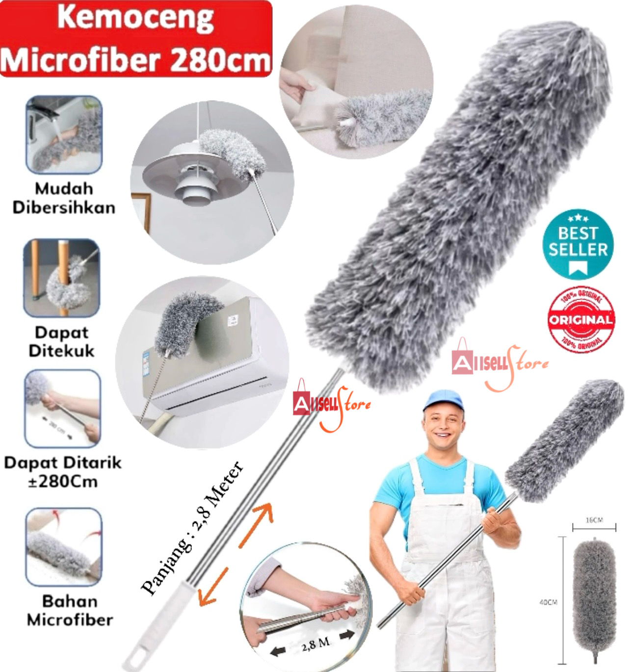 (BISA COD) PROMO Kemoceng Microfiber 280cm Tebal / Alat Pembersih Debu Rumah / Alat Sapu Plafon Anti Gores / Kemoceng Teleskopik Adjustable Microfiber Tarik Tekuk / Kemoceng Pembersih Langit Rumah Murah Harga  15,990 rupiah*Gratis Ongkir