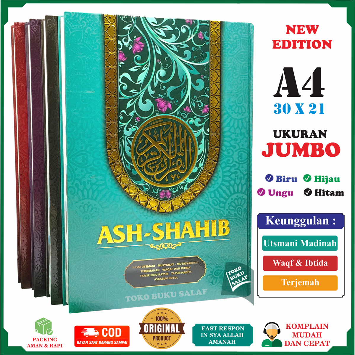 BESAR Al-Qur'an Ash-Shahib A4 Rasm Utsmani MADINAH Waqf Ibtida Terjemah Musykilat Musyasyabihat Tafsir…