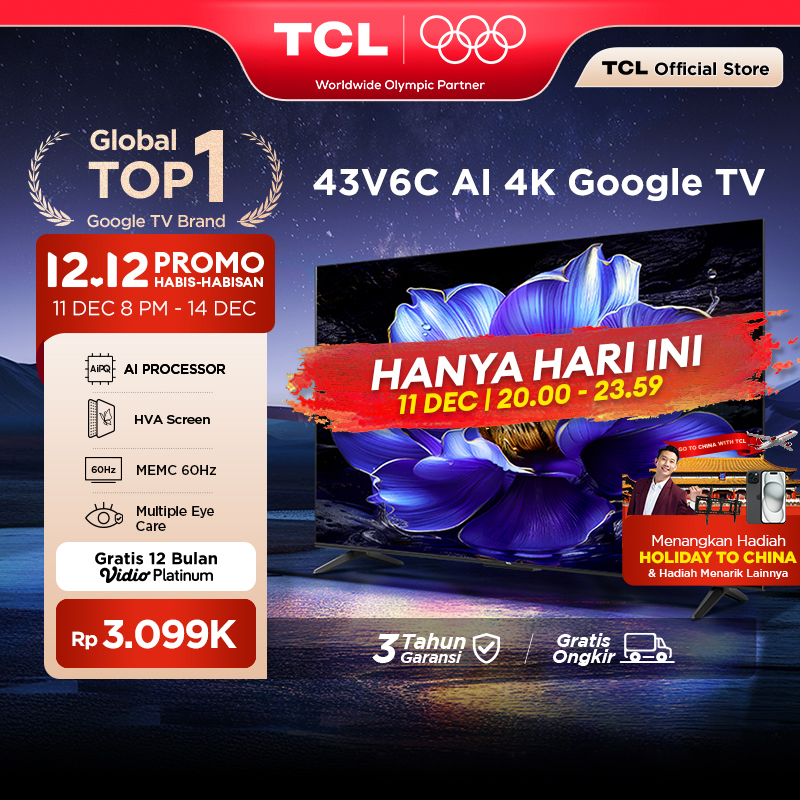 TCL AI 4K Google TV 43 inch V6C - MEMC - HDR 10 - HVA Panel - Dolby Audio - Google Play/Netflix/Youtube/Disney+Hotstar - Smart Android 40 LED Digital Promo Murah (Model: 43V6C) Harga 3,149,000 rupiah*Gratis Ongkir