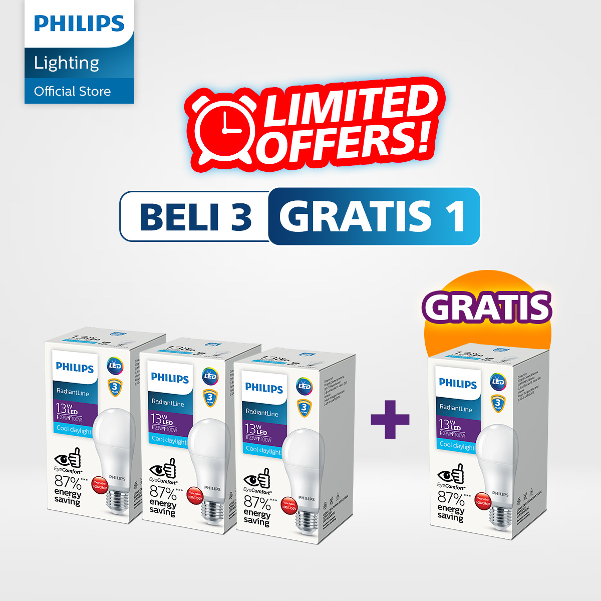 Philips Lampu LED Paket Beli 3 Gratis 1 RadiantLine LEDBulb 13W 6500K Putih Harga 154,350 rupiah*Gratis Ongkir