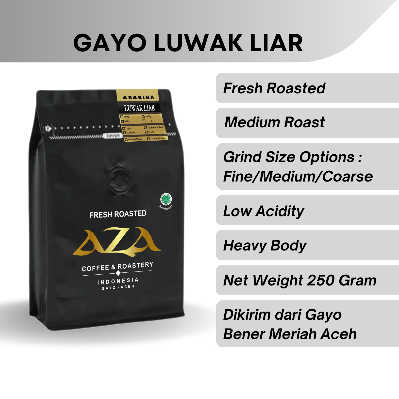 Kopi Luwak Liar Arabika Gayo Aceh Single 250g Biji dan Bubuk Coffe Powder AZA Coffee Roasted Bean