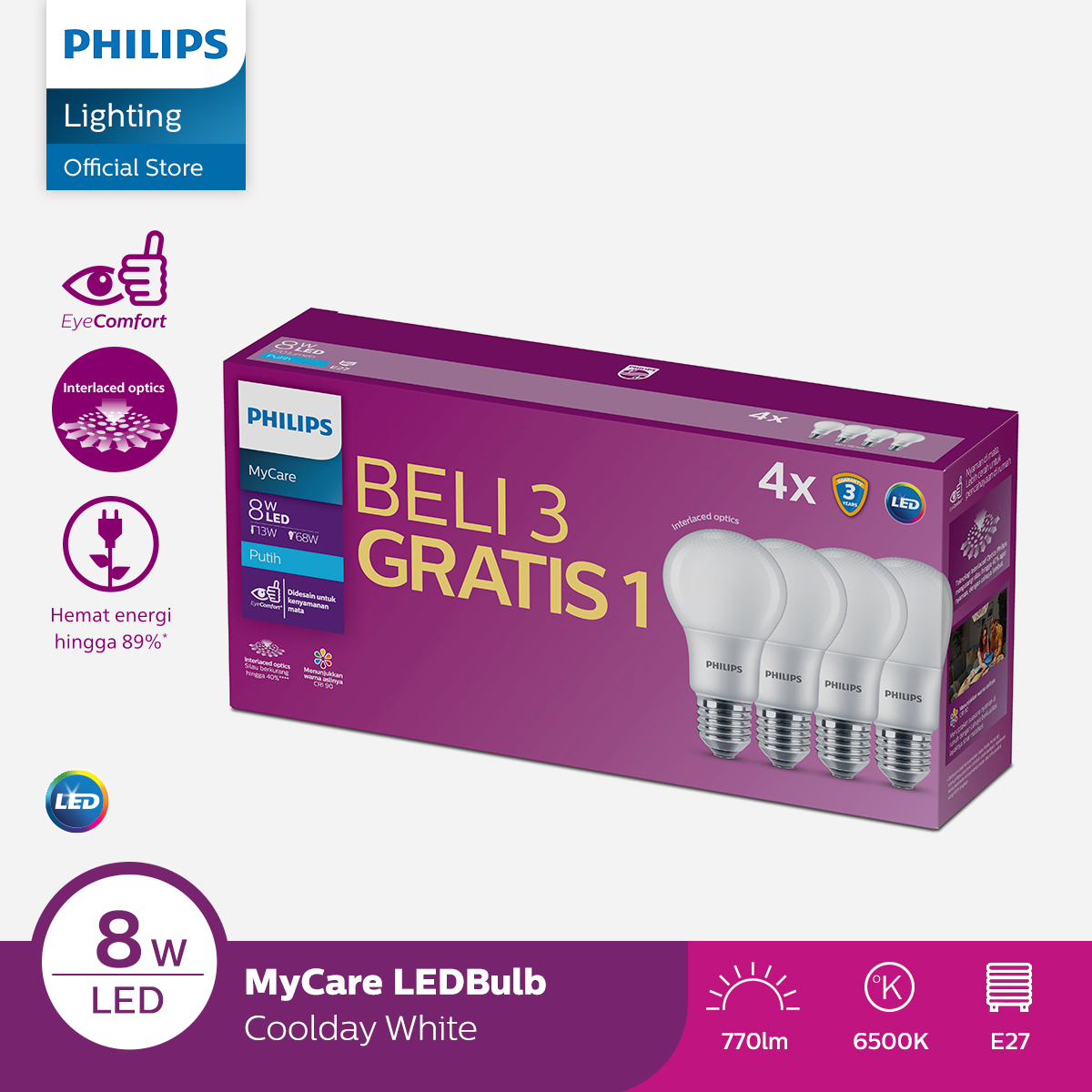 Harga lampu hias	 Philips Multipack Led Mycare Eyecomfort Bulb 8W 6500K Putih 	