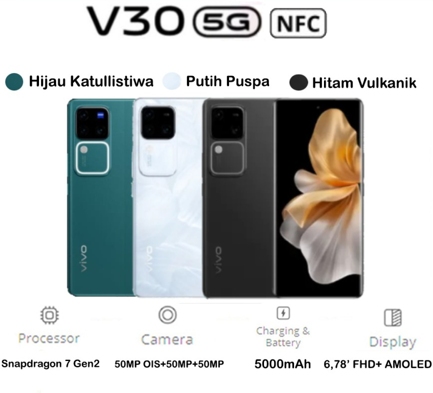 VIVO V30 5G RAM 12/512 GB GARANSI RESMI ORIGINAL BISA KREDIVO / PAYLATTER Giá 6,599,000 Đồng*Miễn phí vận chuyển