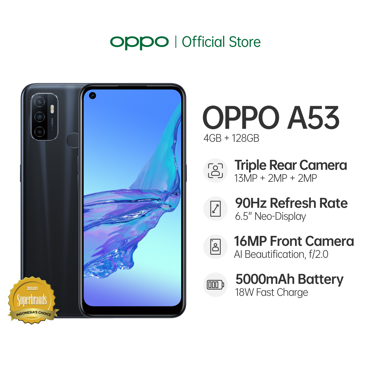 OPPO A53 - 4GB/128GB - Snapdragon 460 - 5000mAh - 90Hz Display - Fast Charging 18W