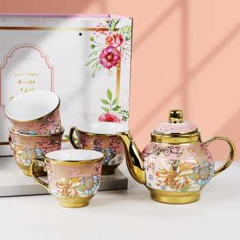 Cangkir Teko Keramik Set 4 Cups 1 Pot Gelas Hias Gaya Eropa - Rose Gold
