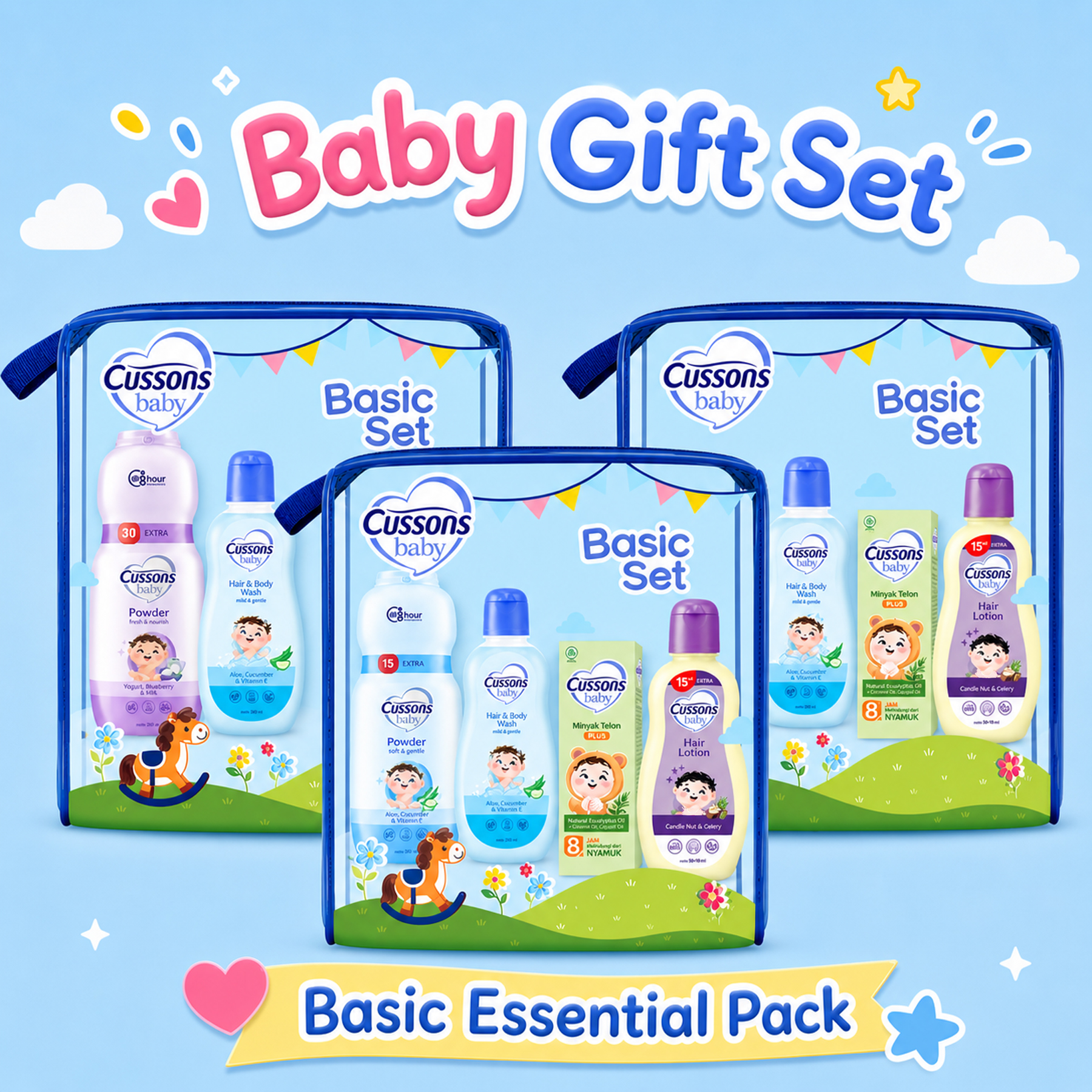 Cussons Baby Basic Essential Pack 4 Items - Baby Soap Package - Baby Supplies Gift Set