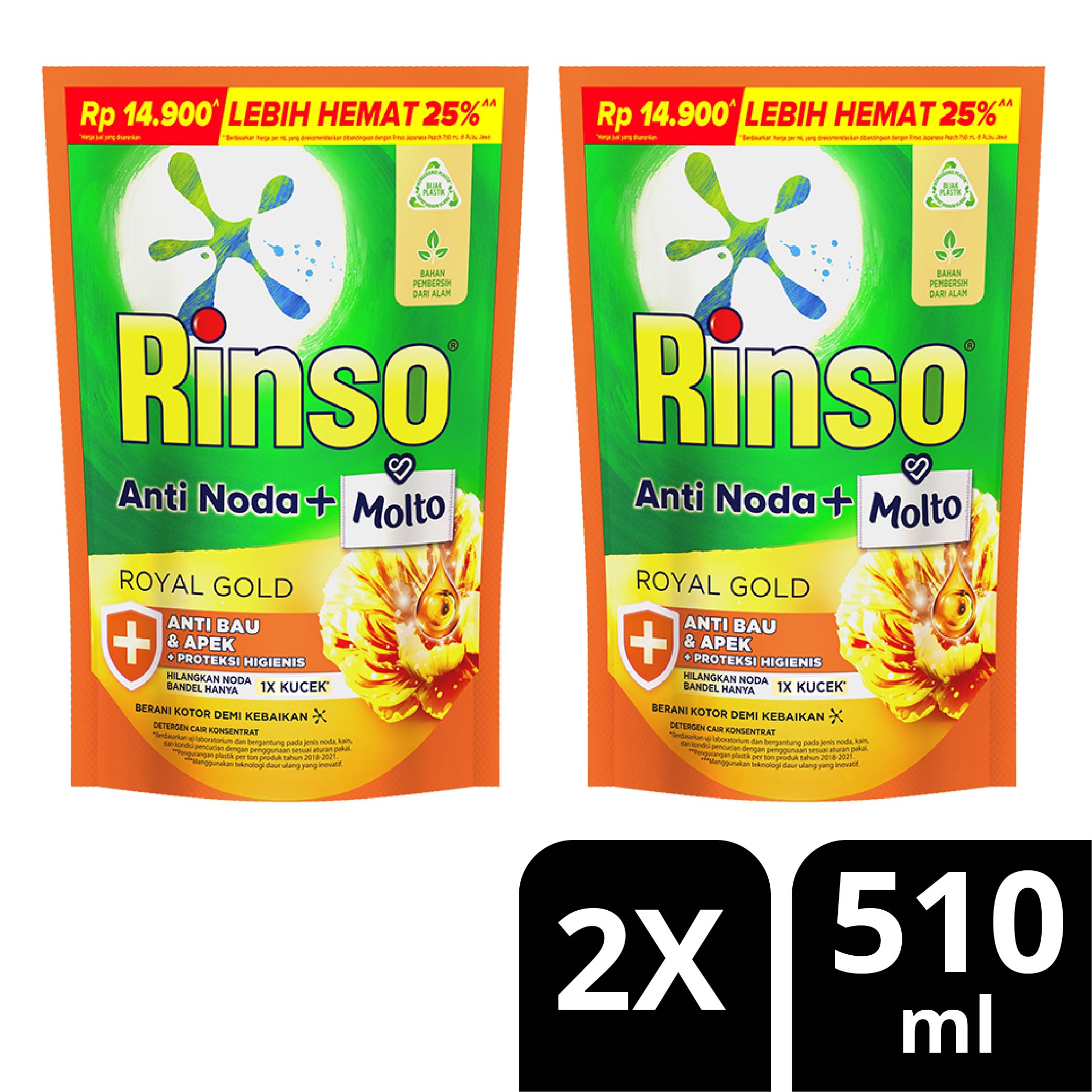 Rinso Molto Detergent Cair Deterjen Anti Noda Royal Gold 510ml x2 Harga 22,000 rupiah*Gratis Ongkir