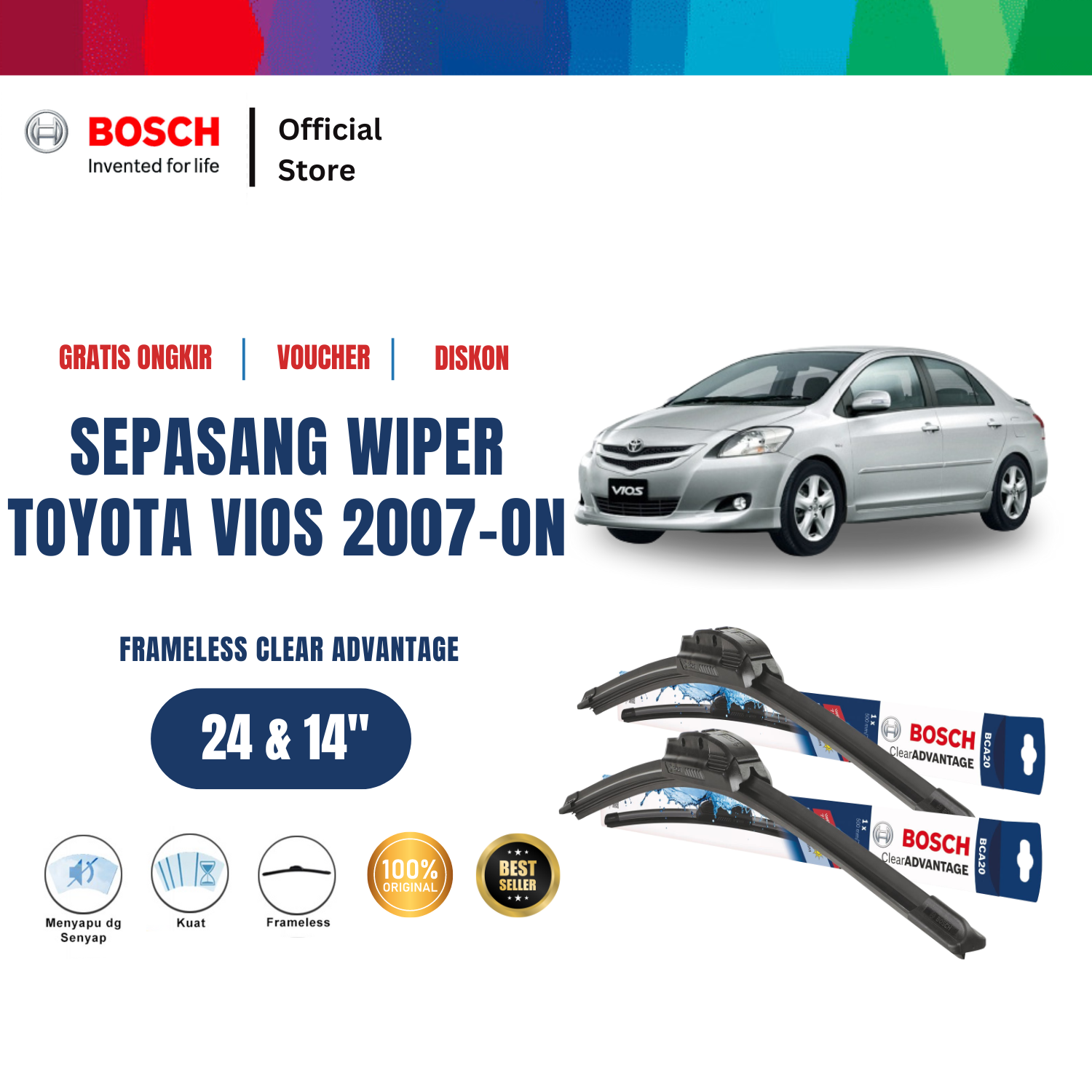 Bosch Sepasang Wiper Mobil Toyota Vios 2007-on Frameless Clear Advantage 24 dan 14 Inci Harga 197,115 rupiah*Gratis Ongkir