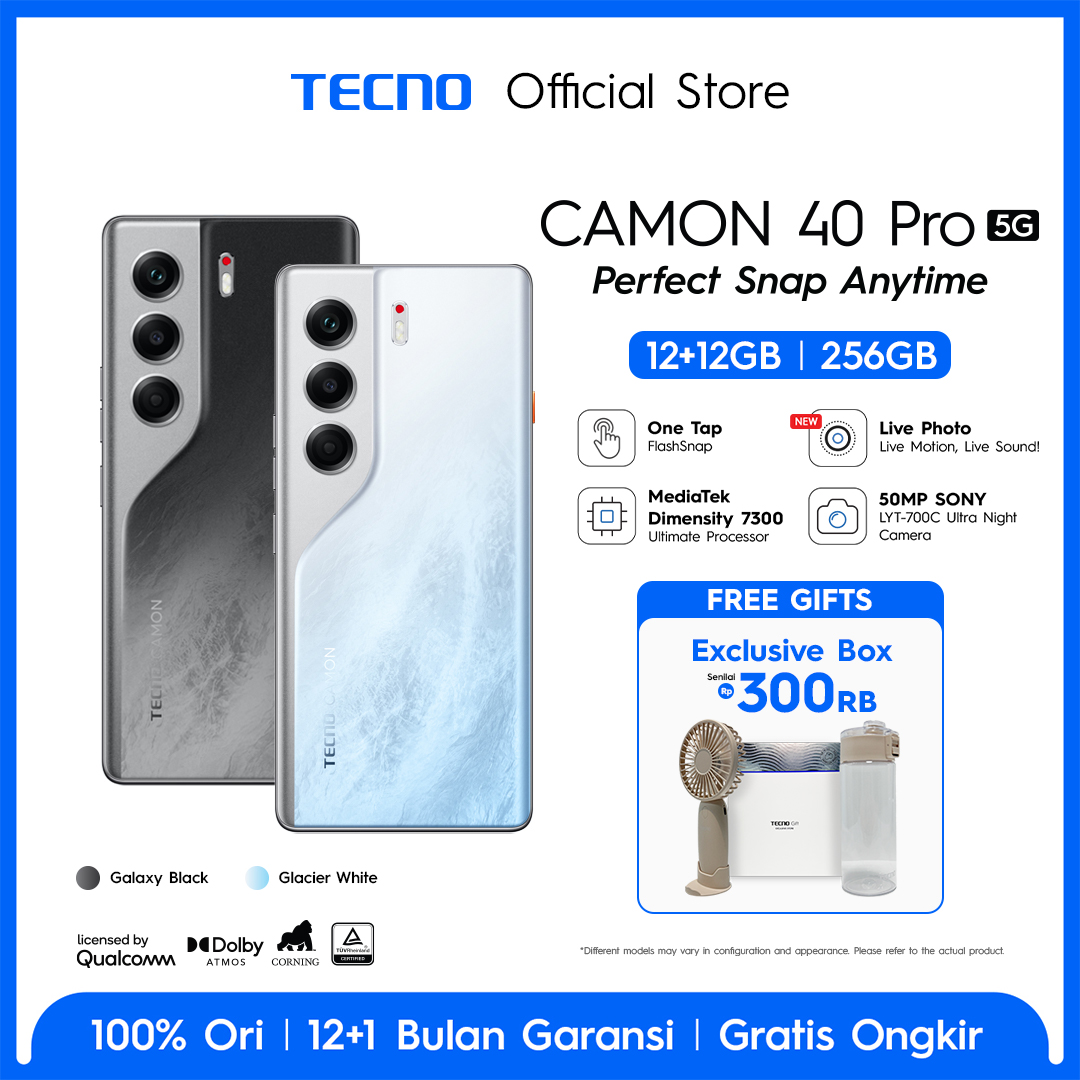 [Flashsnap Pro] Tecno Camon 40 Pro 5g 12+12Gb*256 Gb, Mediatek D7300 Ultimate, 6.78” Fhd+144Hz 3D Curved Amoled, 50Mp Sony & 8Mp Ultra Wide Camera+50Mp Front Camera, 5200Mah, Ip68&69 Harga 4,499,000 rupiah*Gratis Ongkir