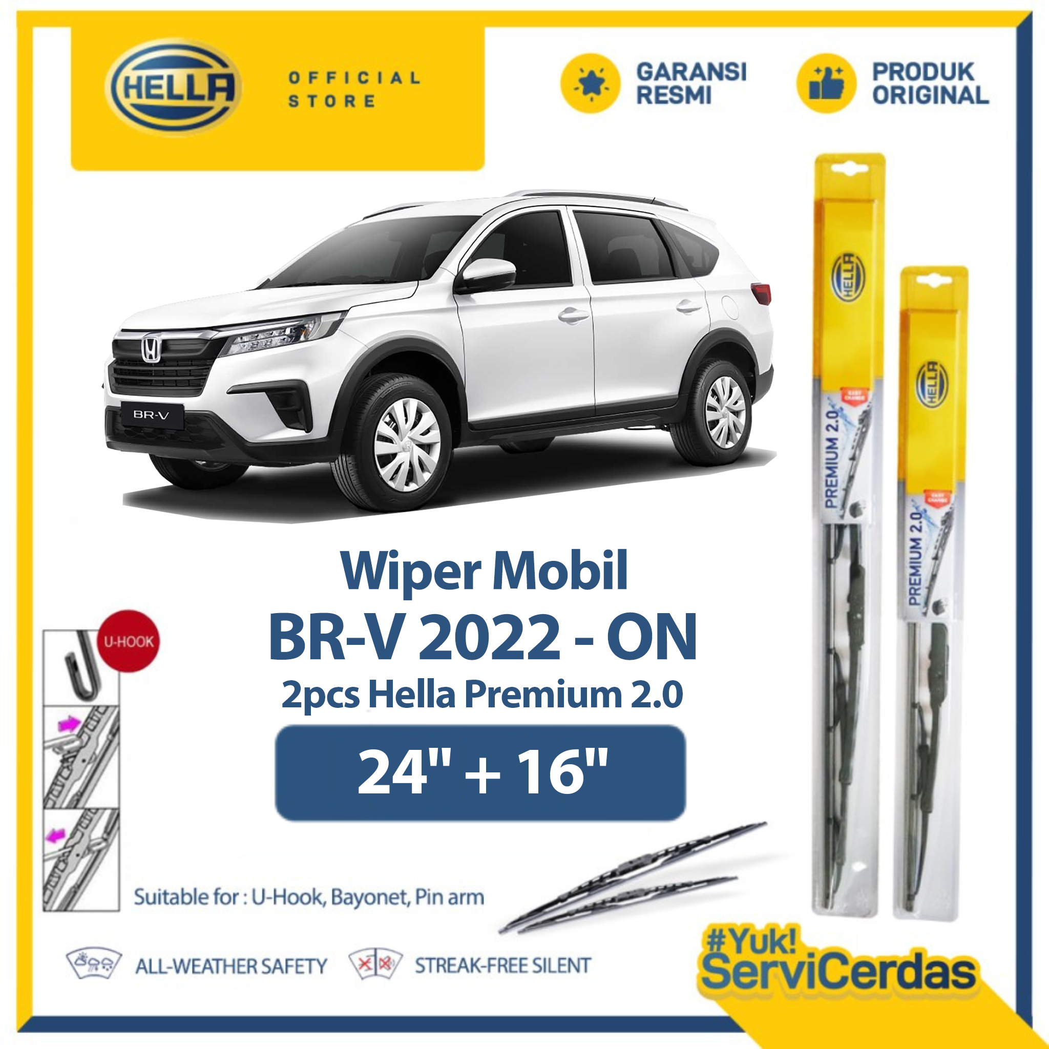 Wiper Mobil HONDA BRV 2022 - ON 24" + 16" (2pcs) - HELLA Premium 2.0 Harga 93,120 rupiah*Gratis Ongkir