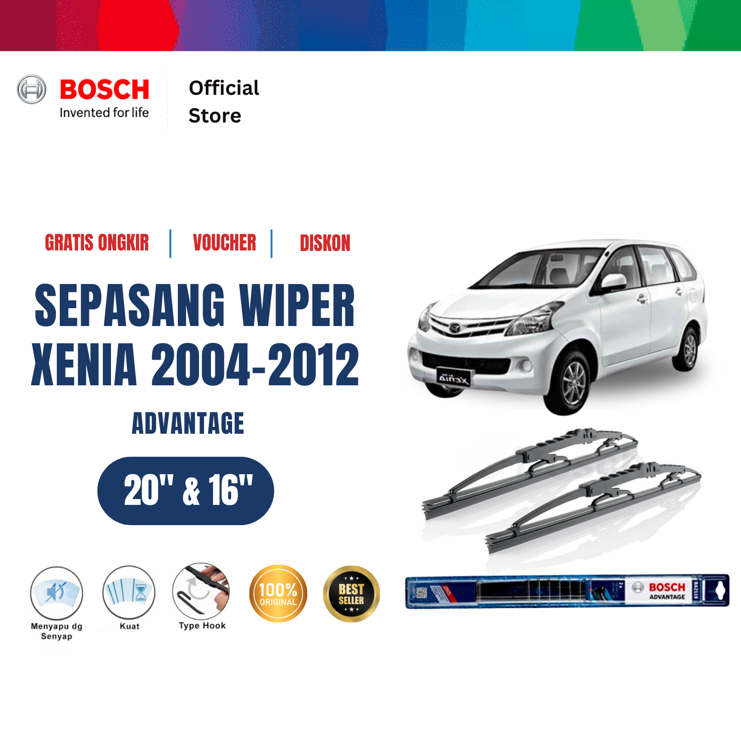 Bosch Sepasang Wiper Kaca Mobil Daihatsu Xenia Advantage 20 dan 16 inchi Harga 117,470 rupiah*Gratis Ongkir