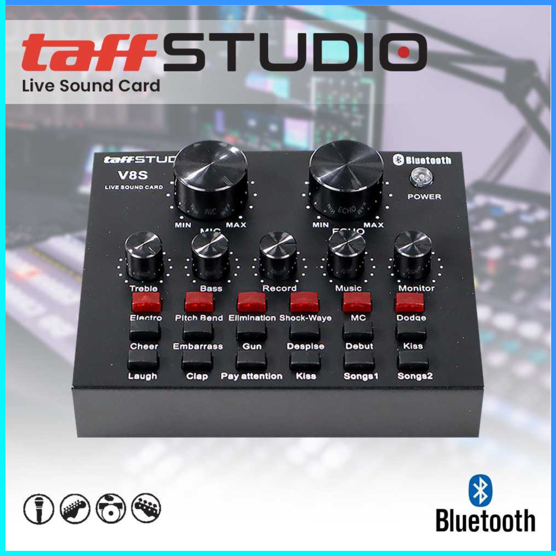 COD TaffSTUDIO Bluetooth Audio USB External Soundcard Broadcast V8 / soundcard v8 bluetooth lengkap usb external v8 live broadcast streaming / sound card v8 bluetooth full set komplit satu paket plus murah live broadcast / alat efek suara karaoke mic Harga  102,900 rupiah*Gratis Ongkir