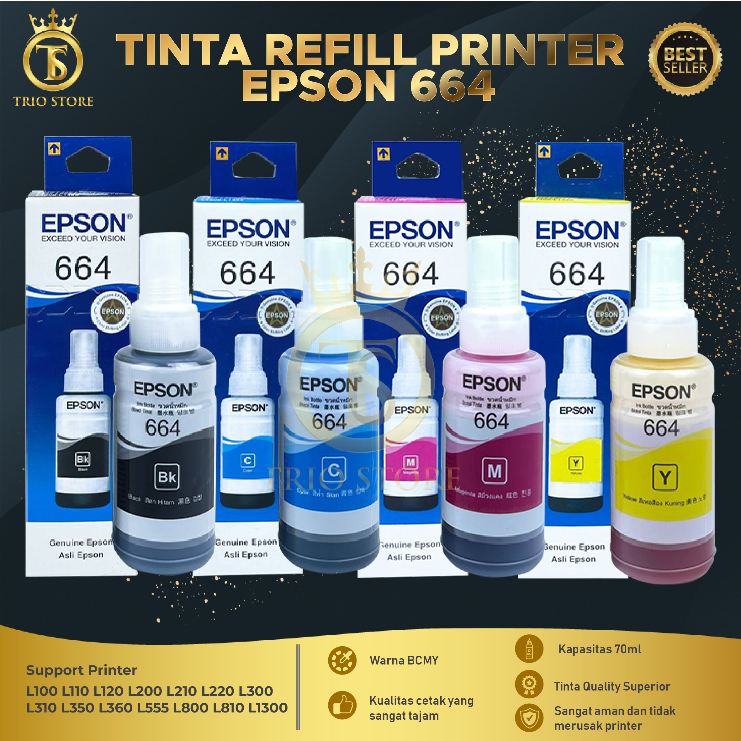 Epson 664 ink 1 set 4 colors CMYK fit for Epson L100 L110 L120 L200 L210 L300 L310 L350 L355 L360 l365 l380 l385 L405 l455 l485 l550 L555 l565 l655 l1300 L1455 Harga 14,999 rupiah*Gratis Ongkir