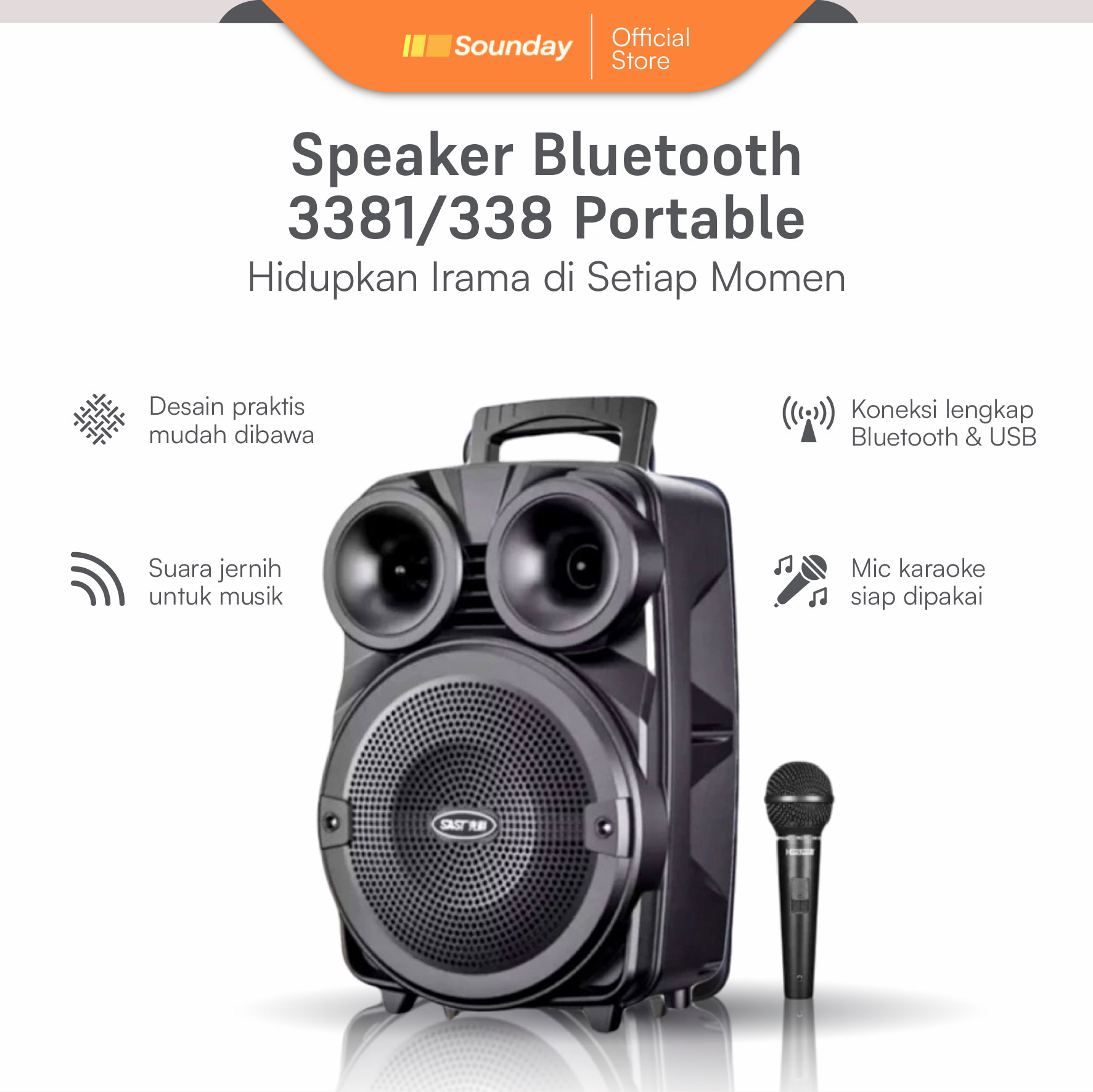 Sounday speaker Bluetooth 3381 bonus mic 6,5 inch/salon active portable radio FM/speaker wireless LED Harga 106,506 rupiah*Gratis Ongkir