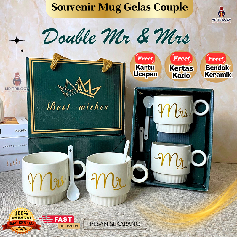 Premium Souvenir Couple Glass Mug Fullset with Box Double Drinking Utensils Mr Mrs Christmas Hampers C…
