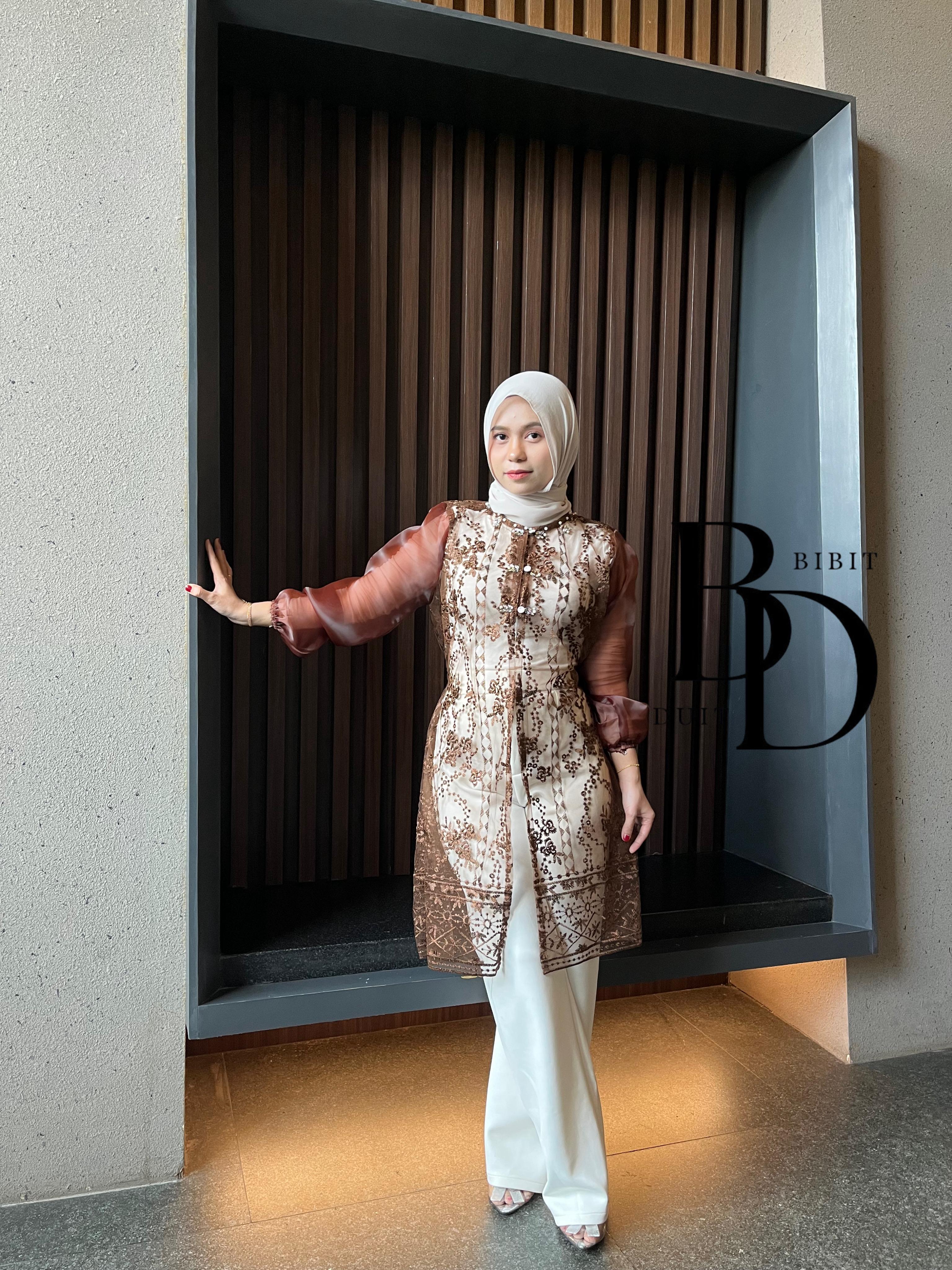 Flower tunic brocade pernikahan dress wisuda drawstring studs Pearl Diamond outer organza premium