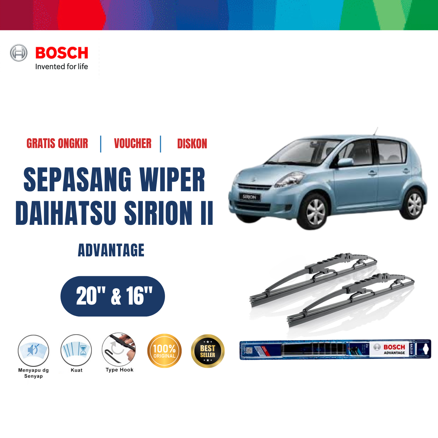 Bosch Sepasang Wiper Kaca Mobil Daihatsu Sirion 2 Advantage 20 dan 16 inchi Harga 117,470 rupiah*Gratis Ongkir