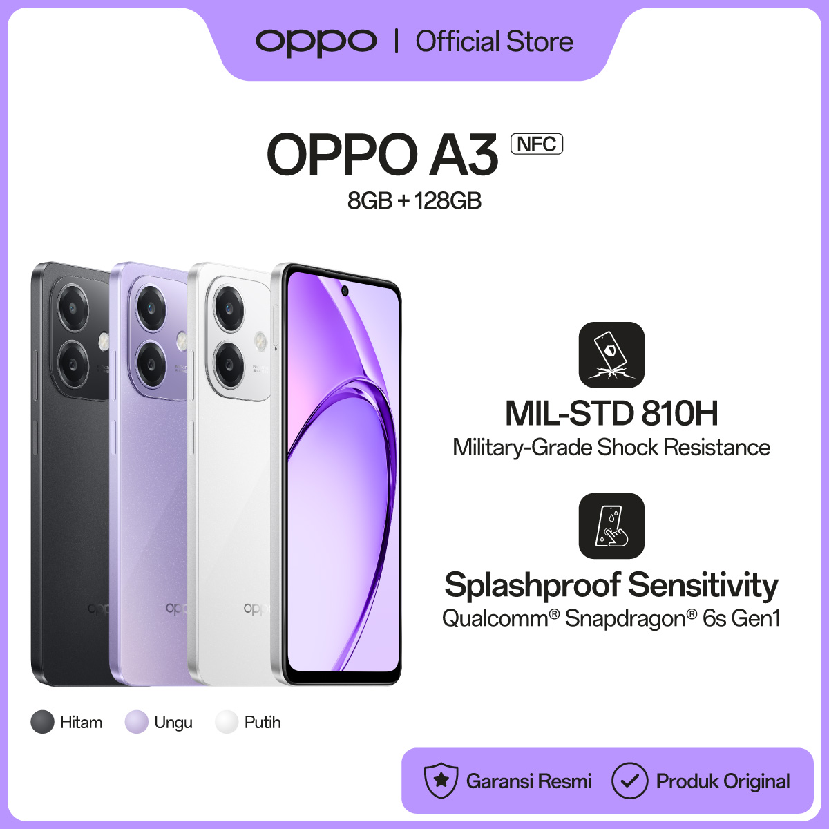 OPPO A3 8GB/128GB [Military Grade Shock Resistance, Qualcomm Snapdragon 6s Gen1, 45W SUPERVOOC 5100mAh Battery] Harga 2,099,000 rupiah*Gratis Ongkir