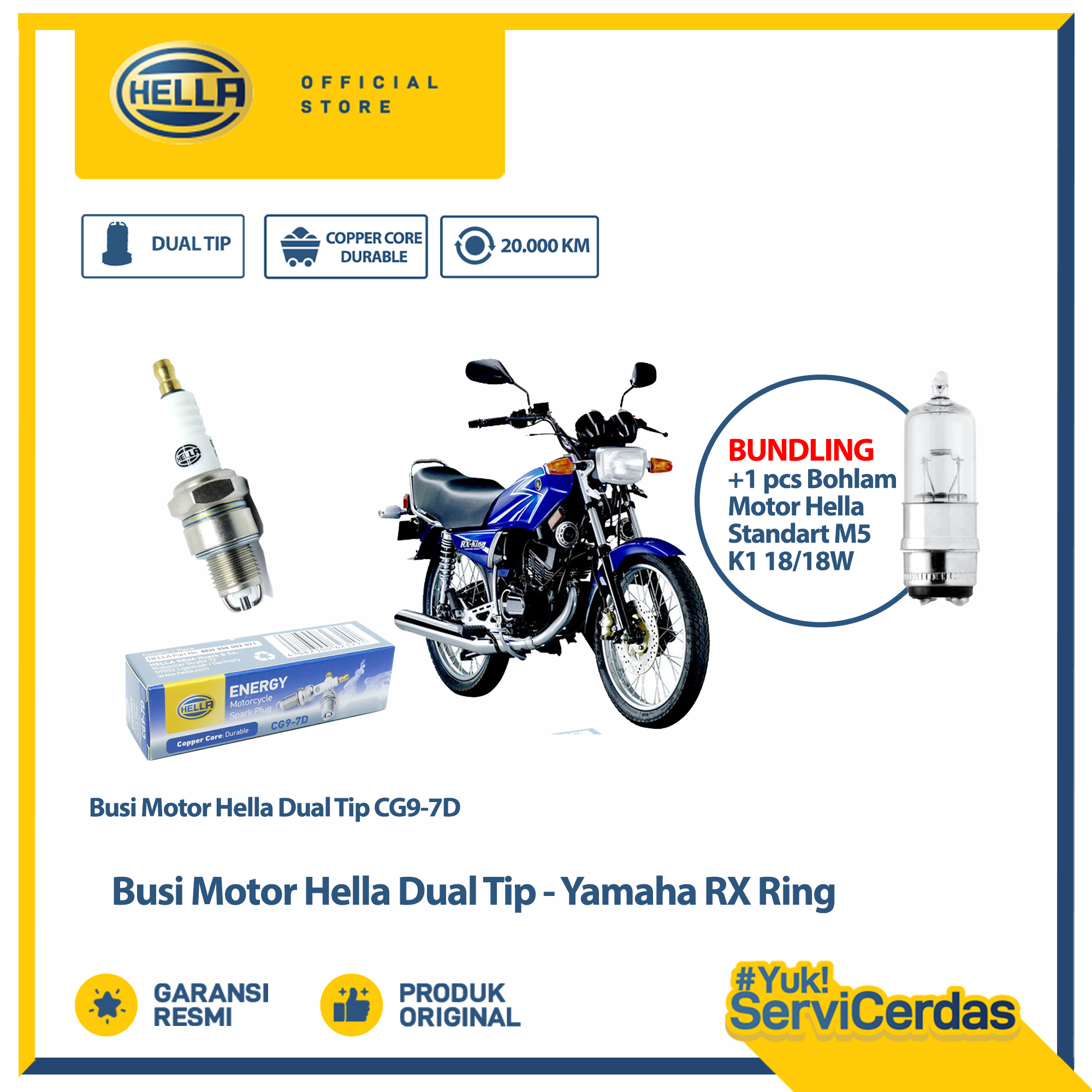 Busi Motor Yamaha RX king Hella Dual Tip CG9-7D Bundling Bohlam Motor M5 12V 18/18W Standar - Lampu Motor Harga 37,000 Ringgit*Penghantaran Percuma