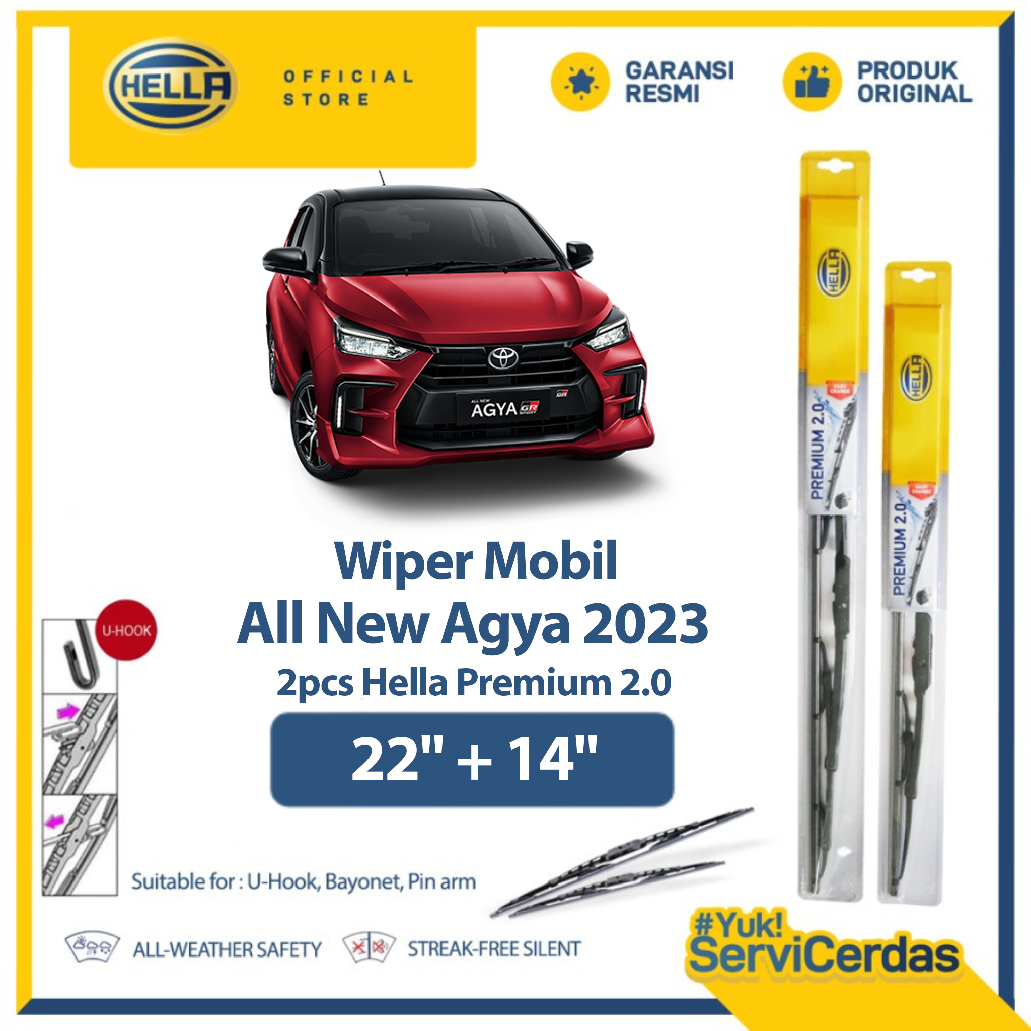 Wiper Mobil TOYOTA All New Agya 2023 22” + 14” (2pcs) - HELLA Premium 2.0 Harga 86,400 rupiah*Gratis Ongkir