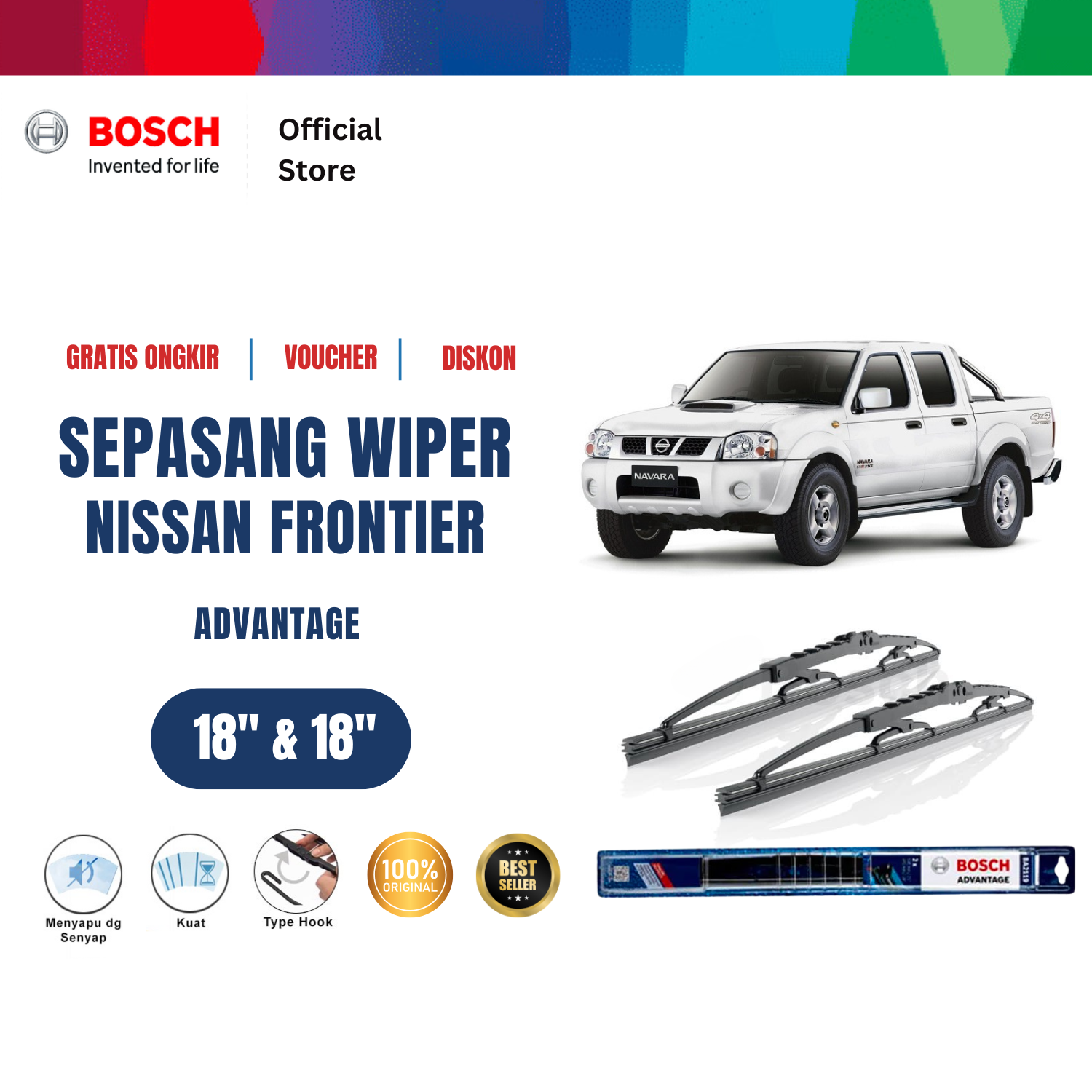 Bosch Sepasang Wiper Kaca Mobil Nissan Frontier D22 Advantage 18 dan 18 inchi - Merek Bosch Harga 118,575 rupiah*Gratis Ongkir