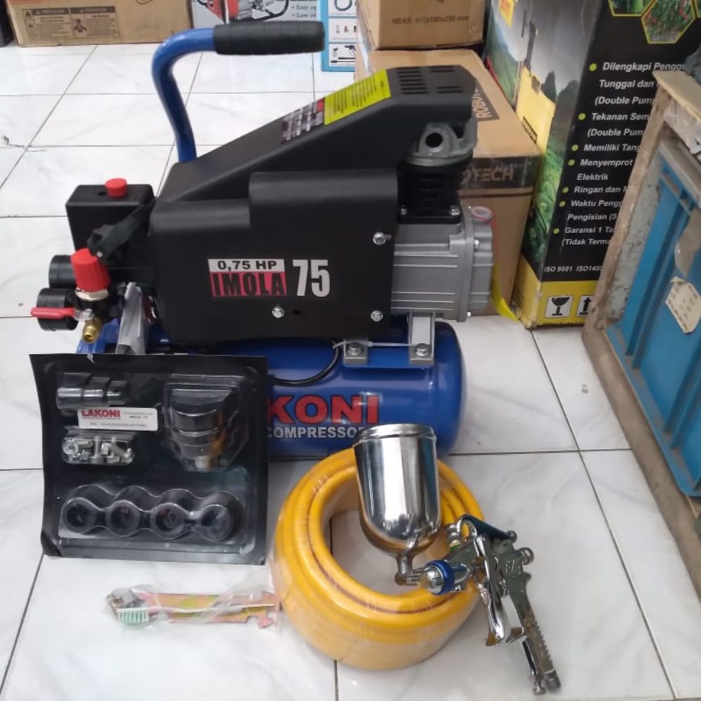 kompresor Lakoni imola 75+spraygun f75+slang paket 10mtr Harga 1,301,150 rupiah*Gratis Ongkir