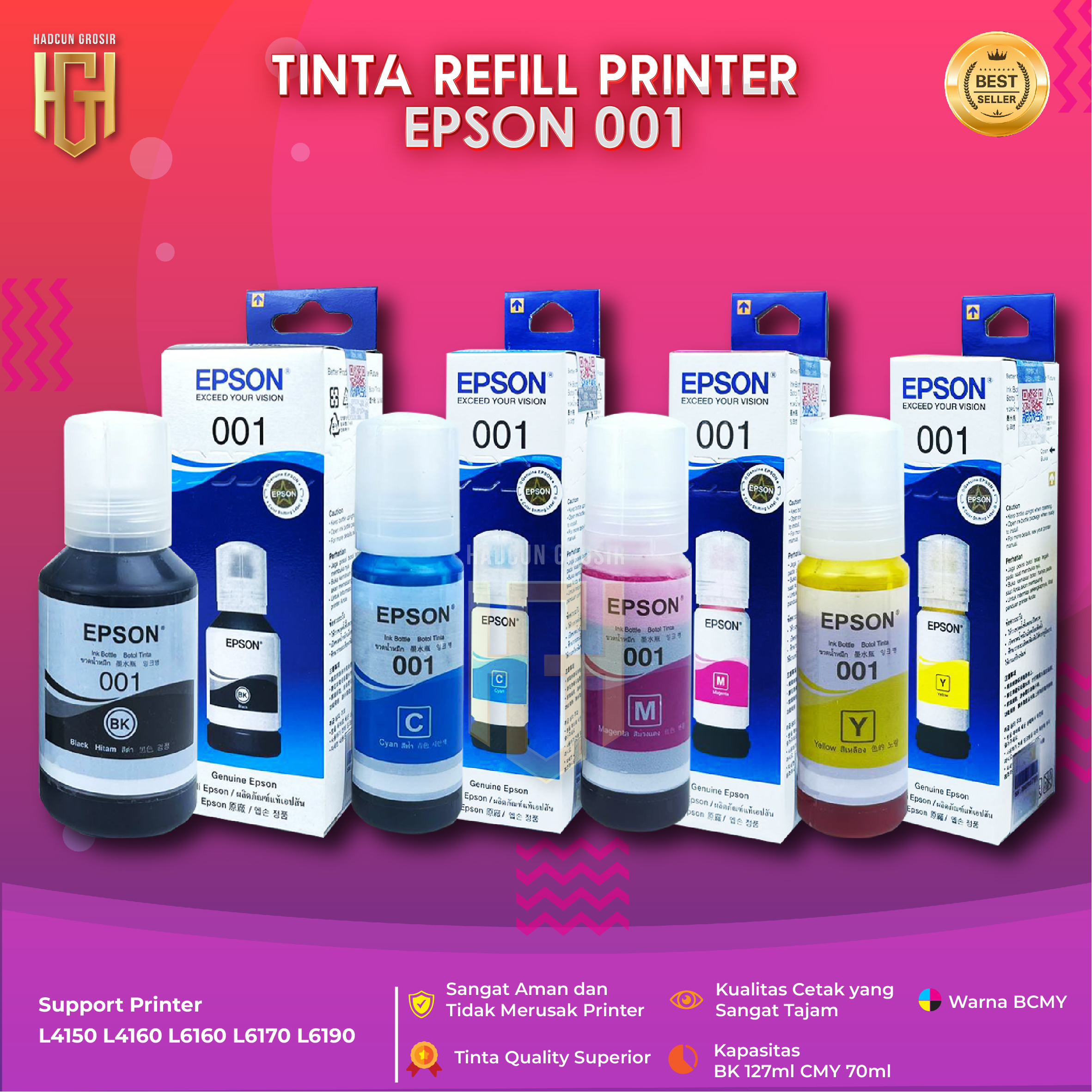 Epson 001 refill 120ml black 70ml cyan magenta yellow ink 4 colors set for Epson series l4150 l4160 l6160 l6170 l6190 printer Harga 88,997 rupiah*Gratis Ongkir