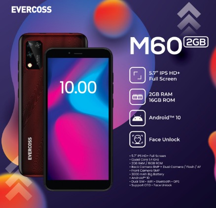 Evercoss M60 - RAM 2GB ROM 16GB / HD+ 5.7 Inch / Dual Camera 8MP / Battery 3000 mAh / Face Unlock / Support OTG - Garansi Resmi
