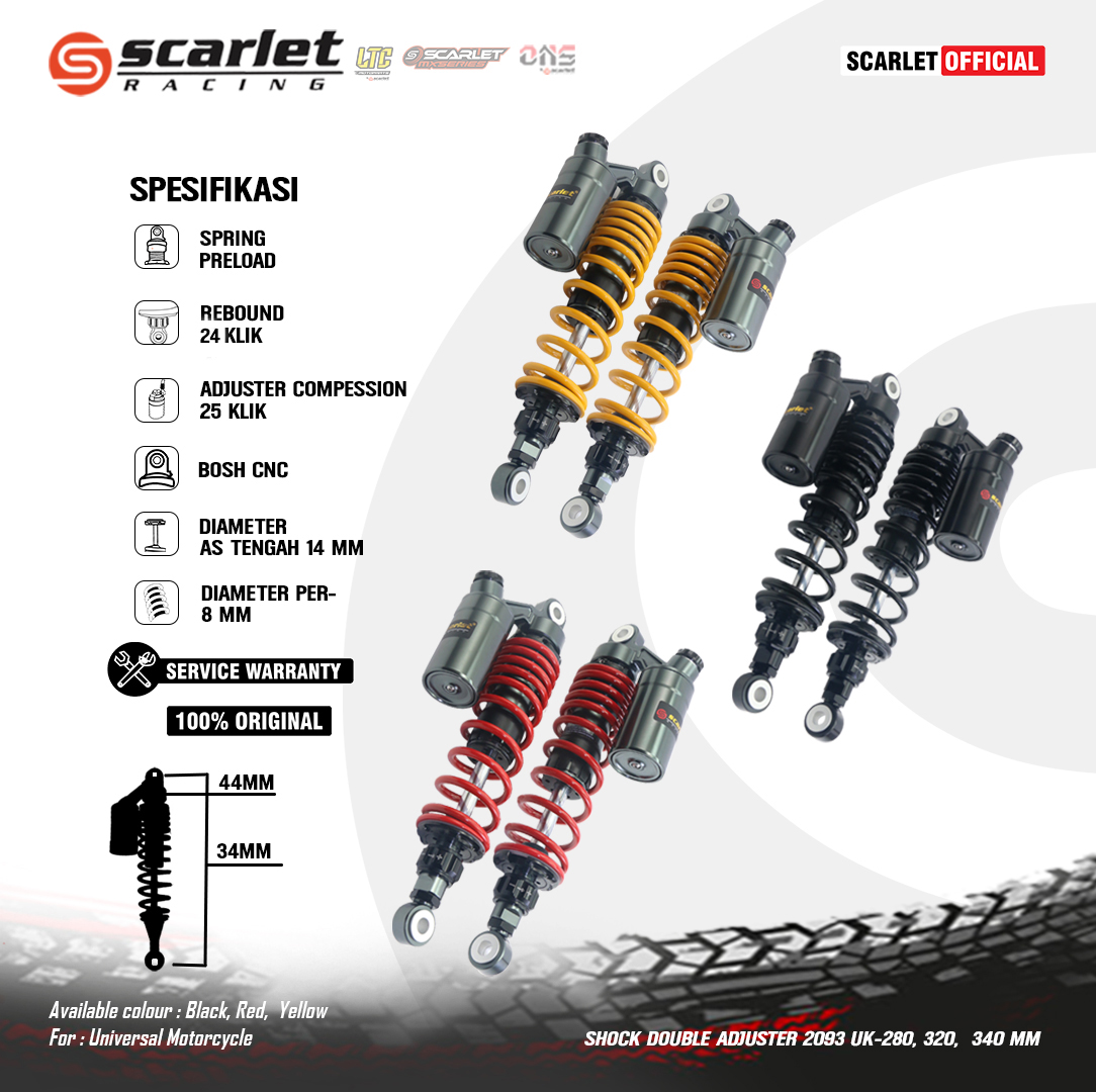 Scarlet Racing - Shock Absorber Shockbreaker Skok Double Adjuster 2093 Uk 280 320 340 mm Black Red Yellow Harga 2,250,000 rupiah*Gratis Ongkir