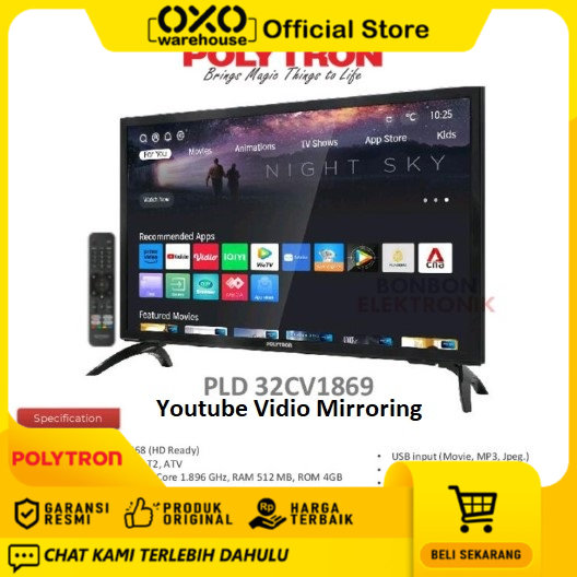 Polytron LED Smart TV 32" Youtube Mirroring Vidio PLD 32CV1869 Digital Garansi Resmi 5 Tahun Suara Kencang Awet Tahan Lama Harga  1,871,000 rupiah*Gratis Ongkir