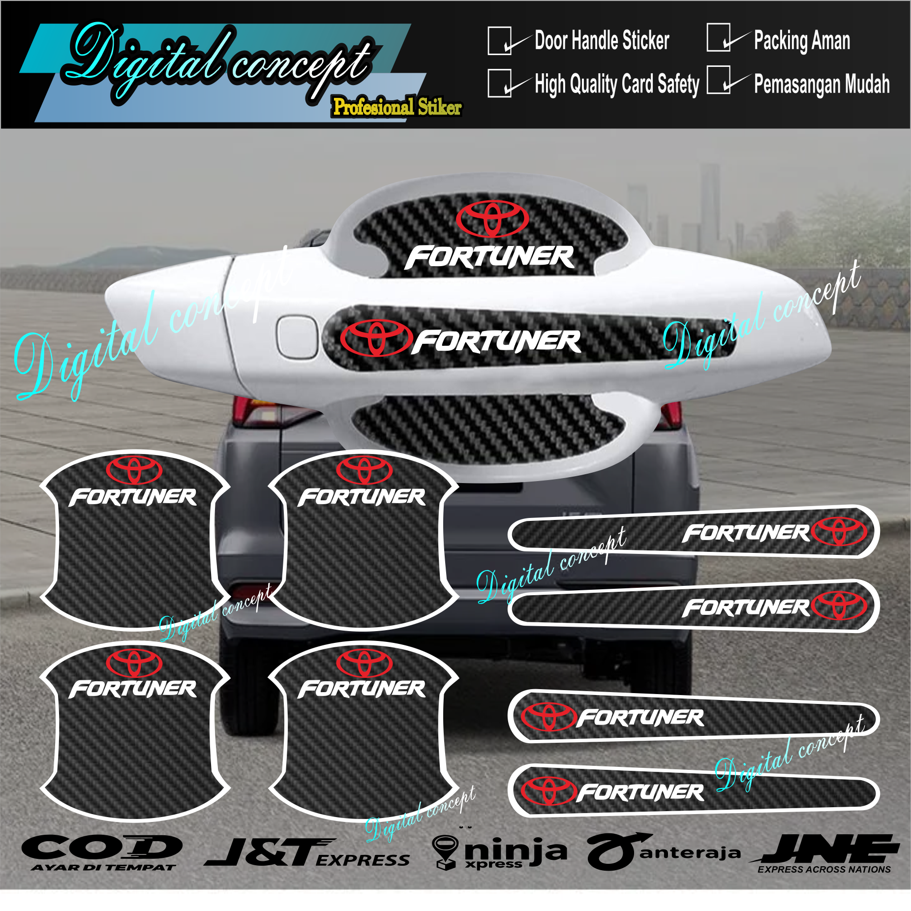 8pcs stiker karbon 3D handle pintu mobil toyota fortuner carbon pelindung handle pintu dari goresan Harga 3,500 rupiah*Gratis Ongkir