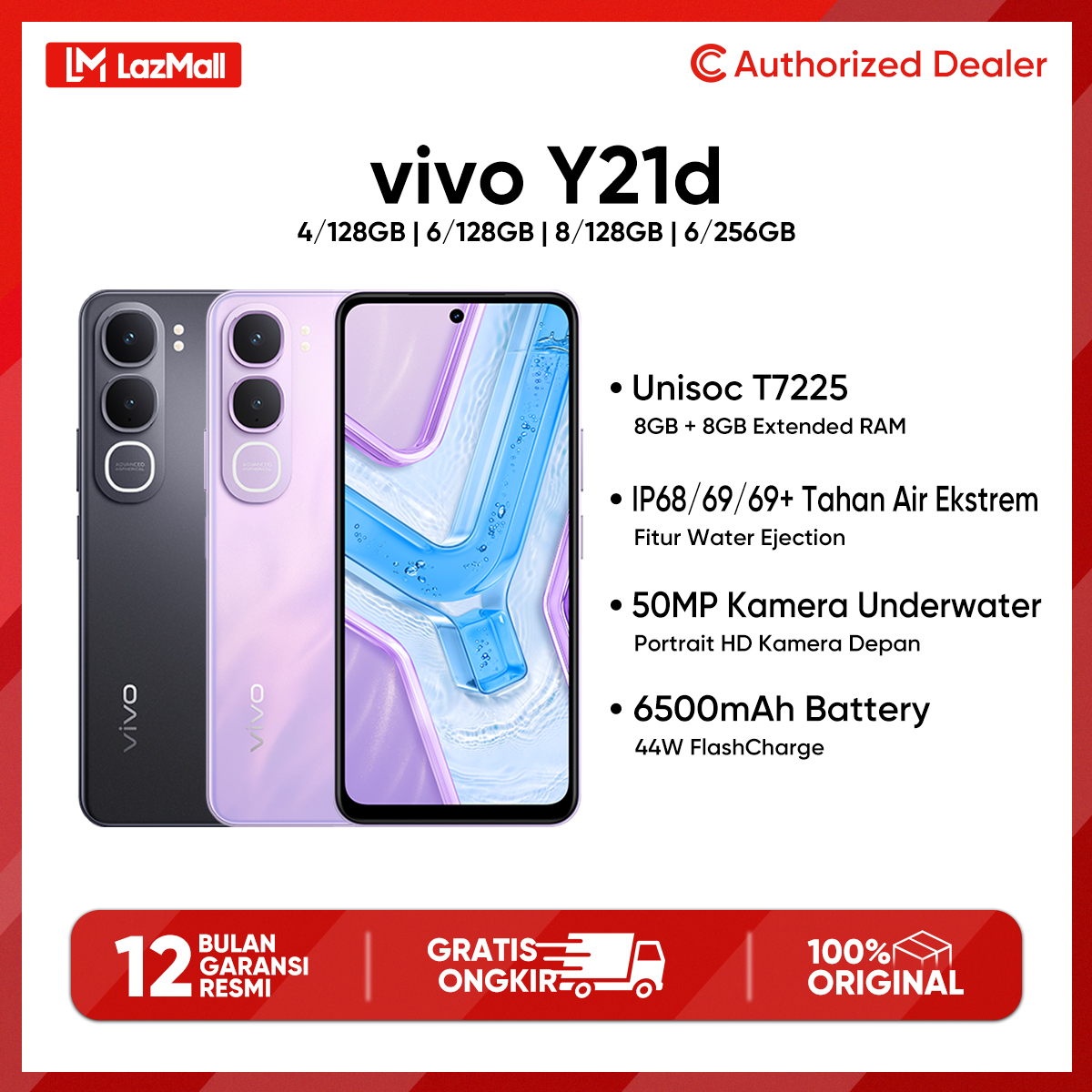 Vivo Y21D 4/128Gb 6/128Gb 8/128Gb 6/256Gb 44W Flashcharge 6500Mah Battery Newest 2025 Official Guarantee Harga 2,099,000 rupiah*Gratis Ongkir