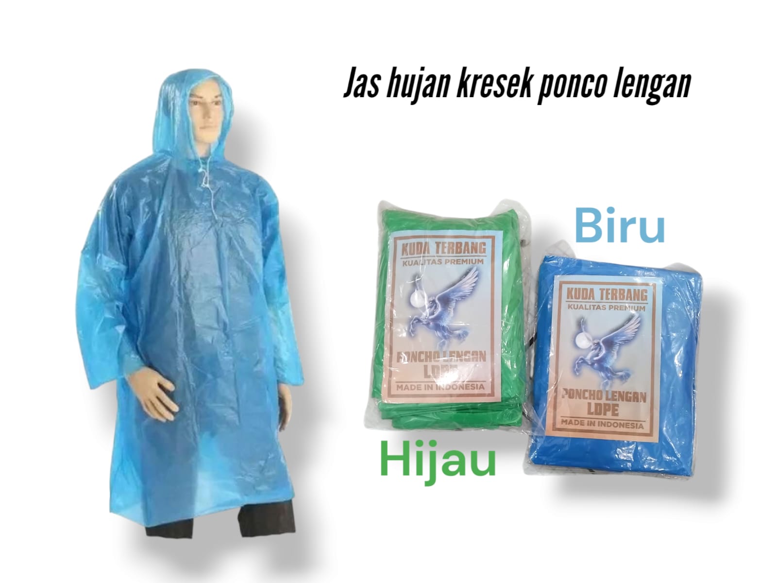 JAS HUJAN PLASTIK PONCO LENGAN PANJANG /MANTEL KRESEK PONCHO LENGAN / JAS HUJAN CAP KUDA TERBANG Harga 8,000 rupiah*Gratis Ongkir