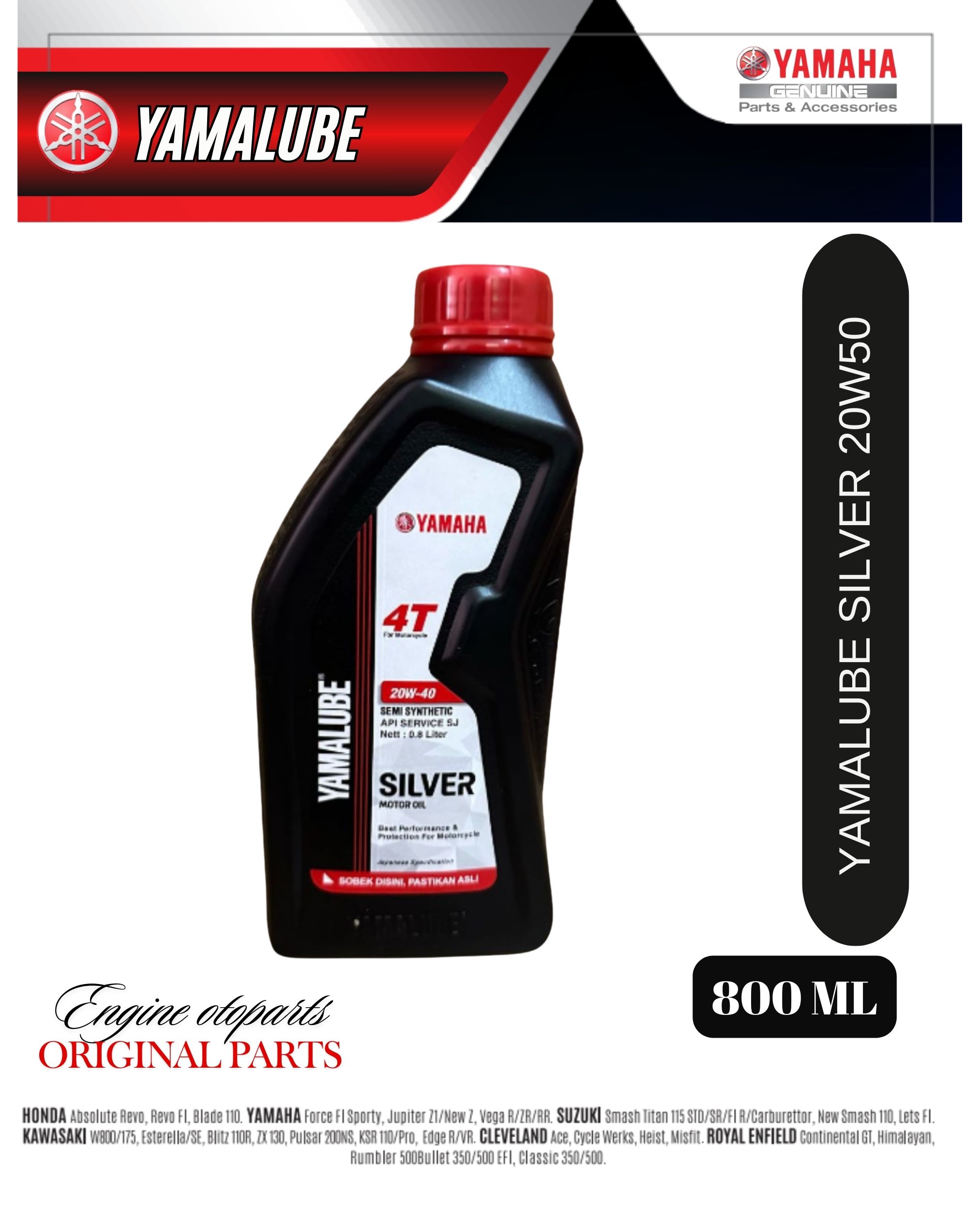 Yamalube Silver 20W40 800ml 100% Original Lubricant for Yamaha Jupiter Mx Z Vega R Zr F1Zr Rx King Etc. Giá 63,500 Đồng*Miễn phí vận chuyển